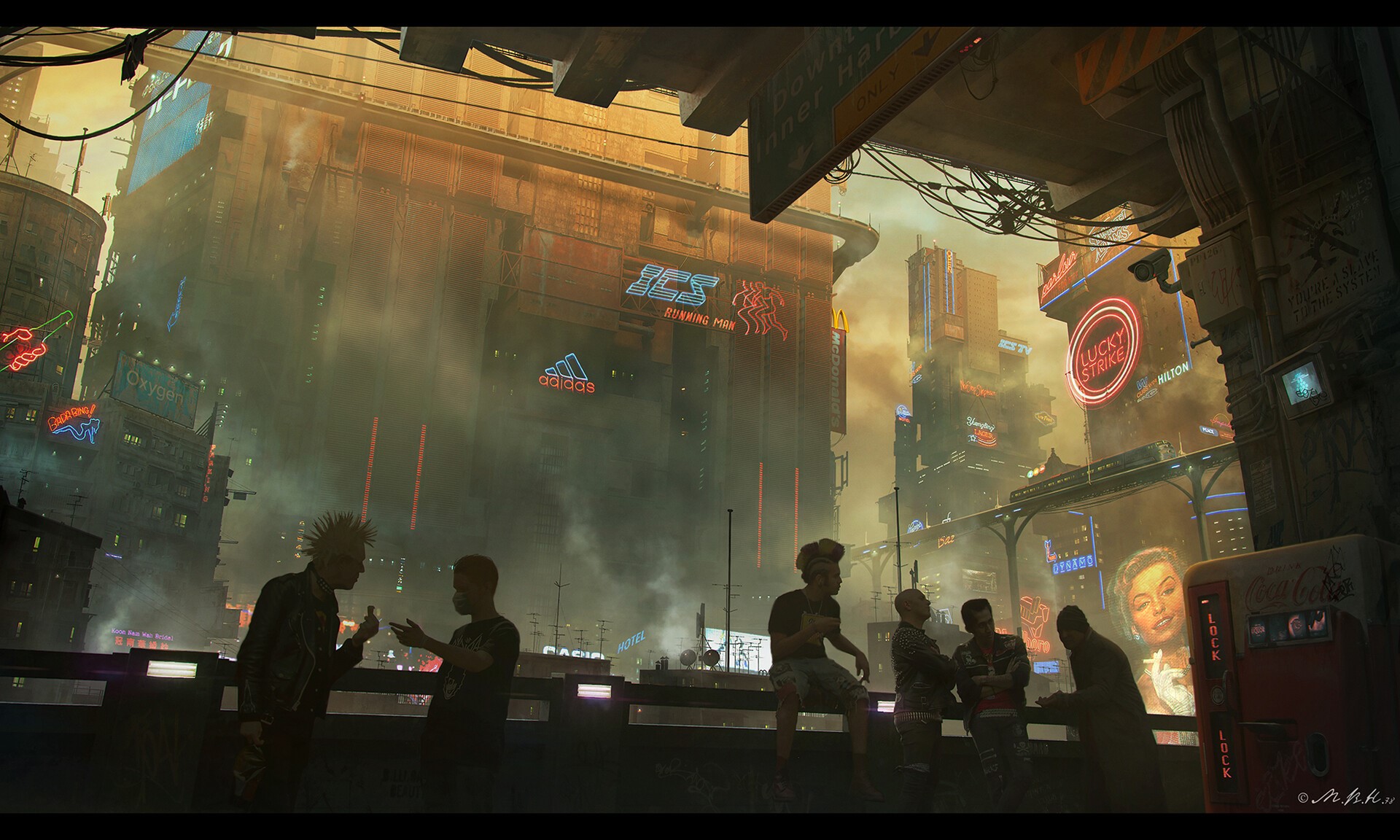 Cyberpunk cityscape with neon signs and people HD Wallpaper