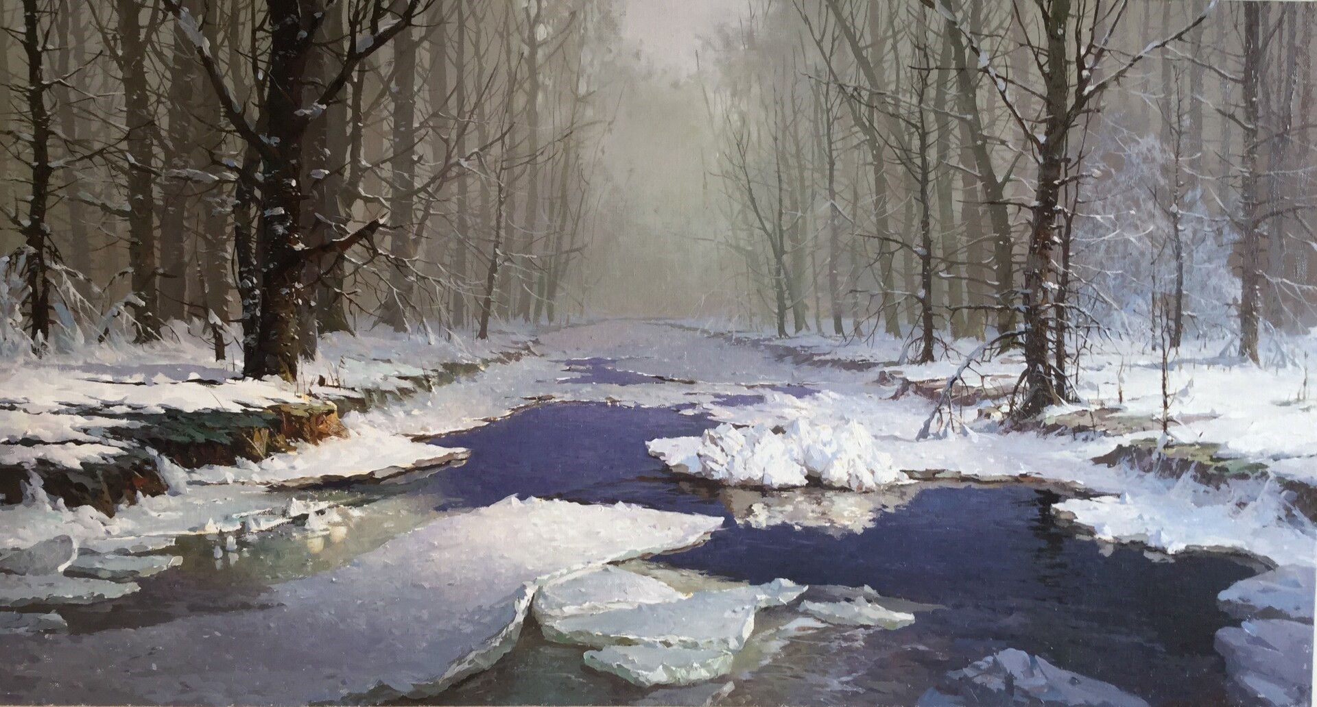 Winter forest scene with a partially frozen stream HD Wallpaper