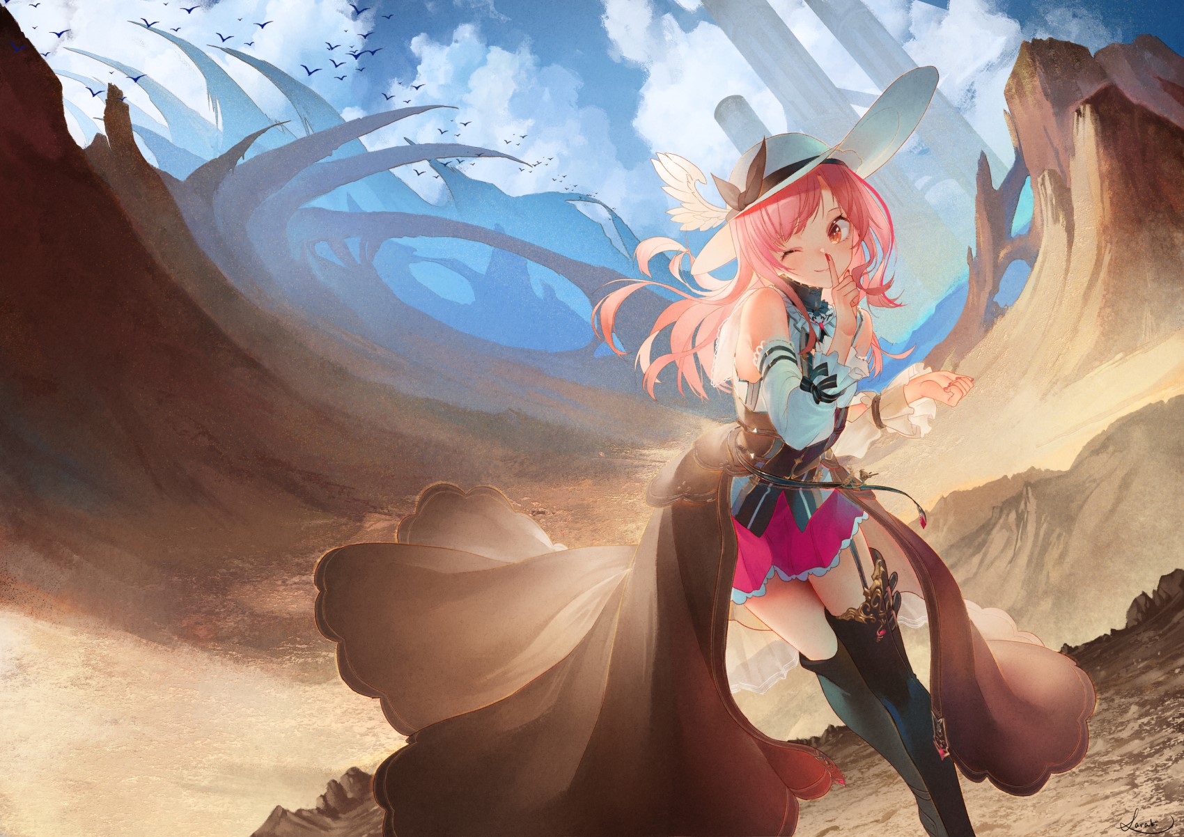 Anime girl with pink hair in a fantasy landscape HD Wallpaper