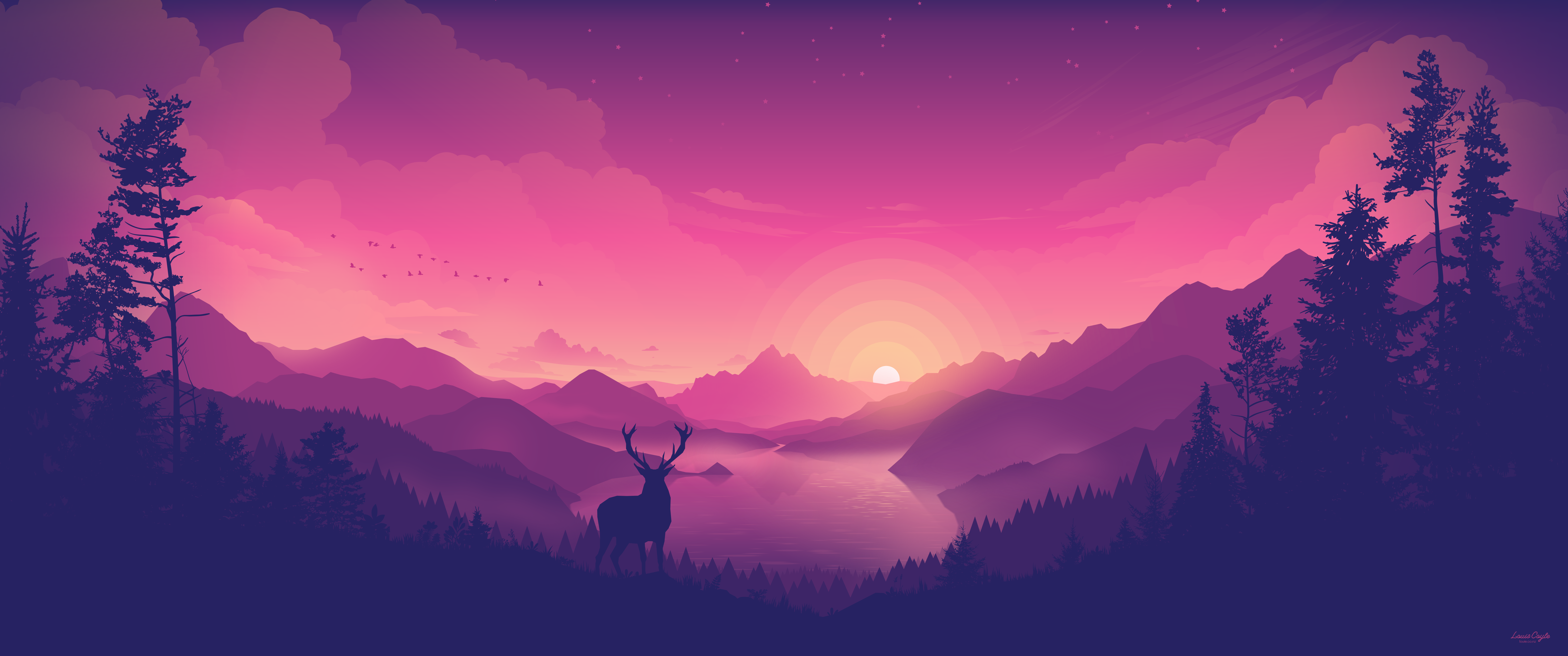 4K Digital Art of Deer in Mountains at Sunset HD Wallpaper