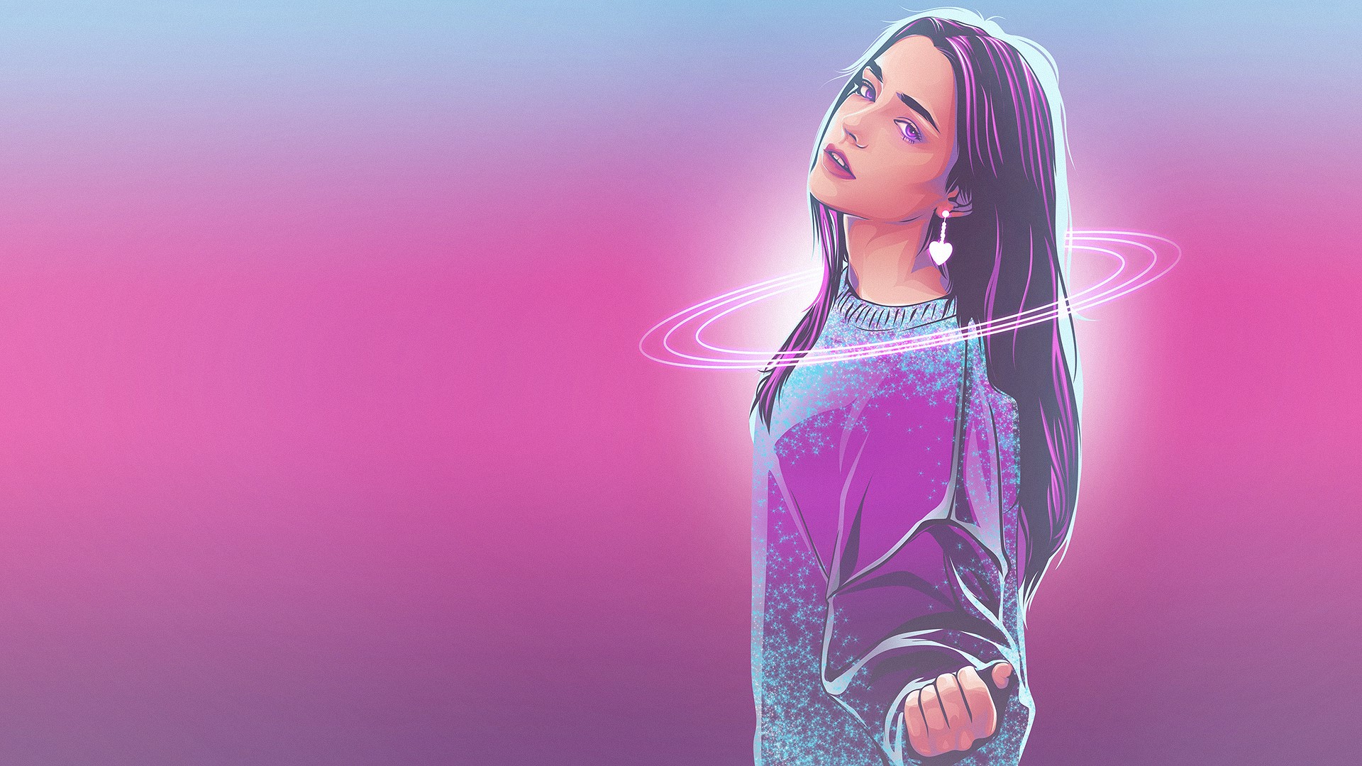 Woman with purple hair and sweater against pink background HD Wallpaper