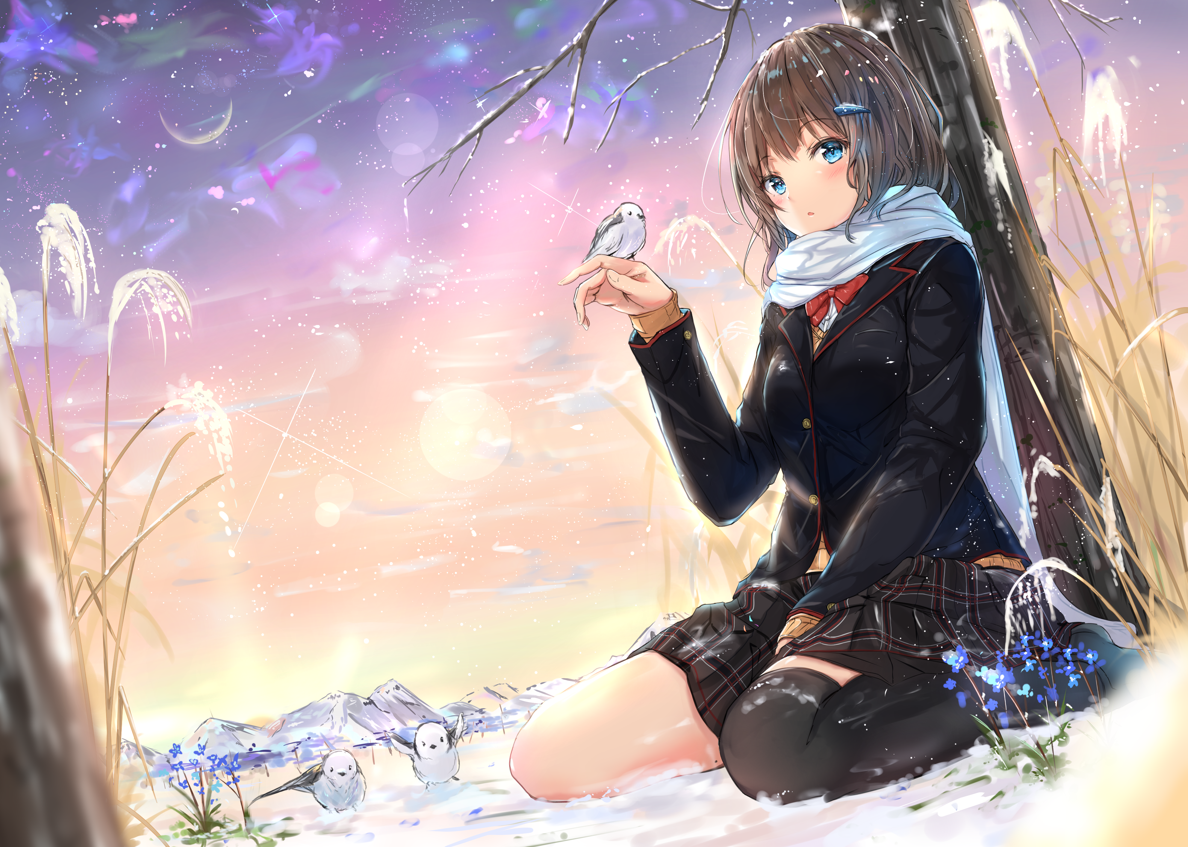 Anime girl with birds in winter landscape HD Wallpaper