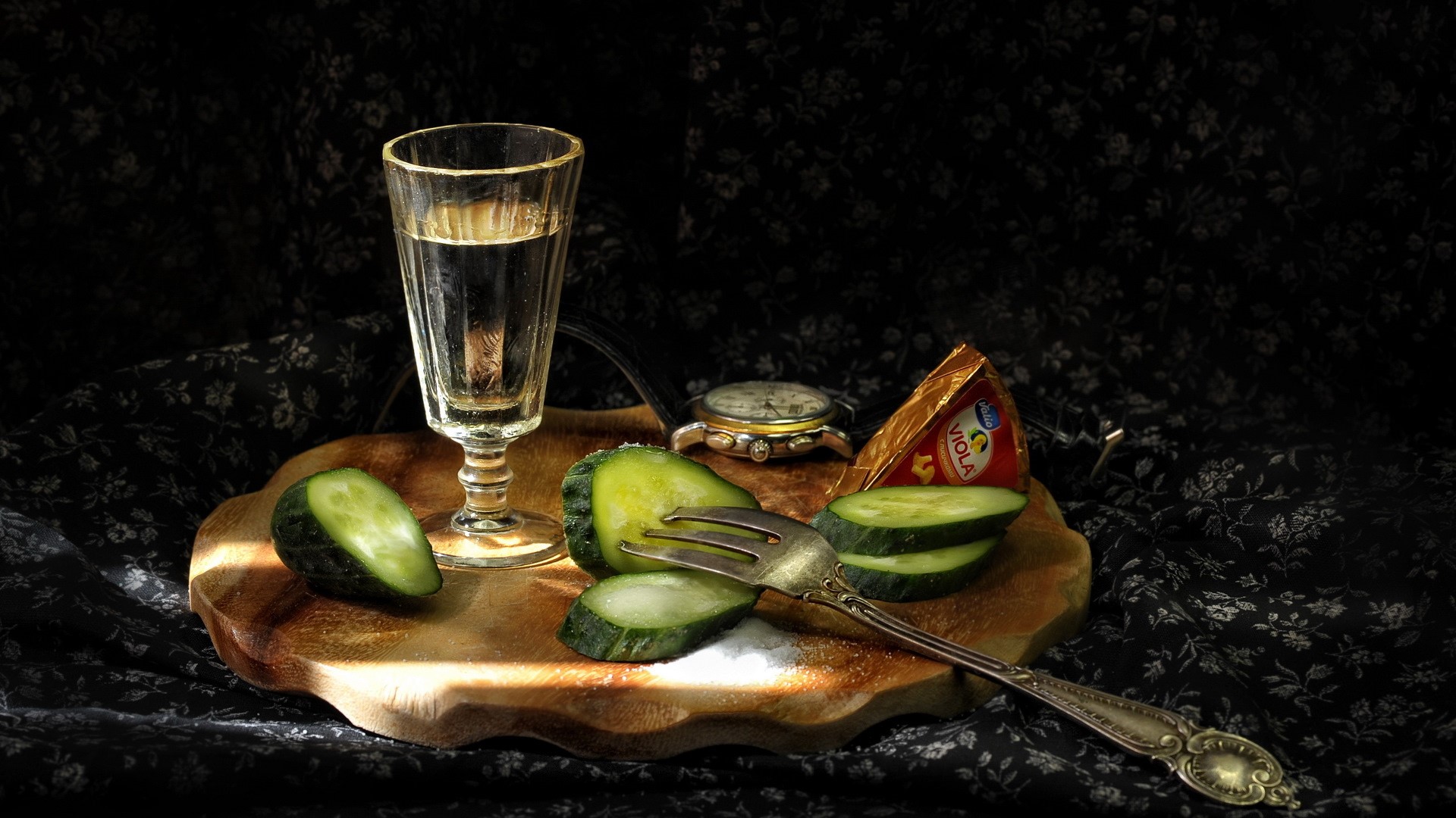 Still life with cucumbers, cheese, and vodka HD Wallpaper