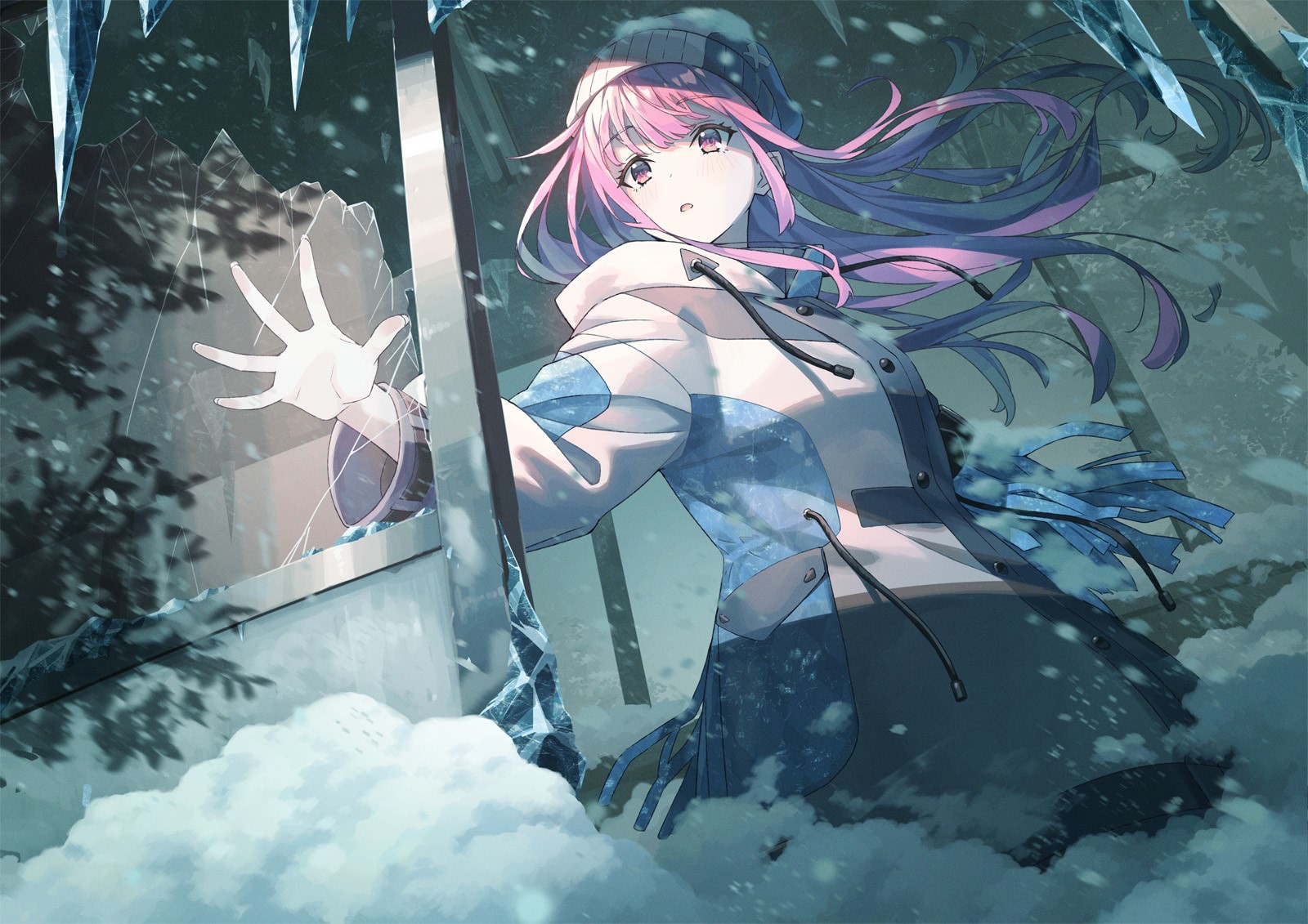 Anime girl with pink hair reaching through broken glass in snow HD Wallpaper