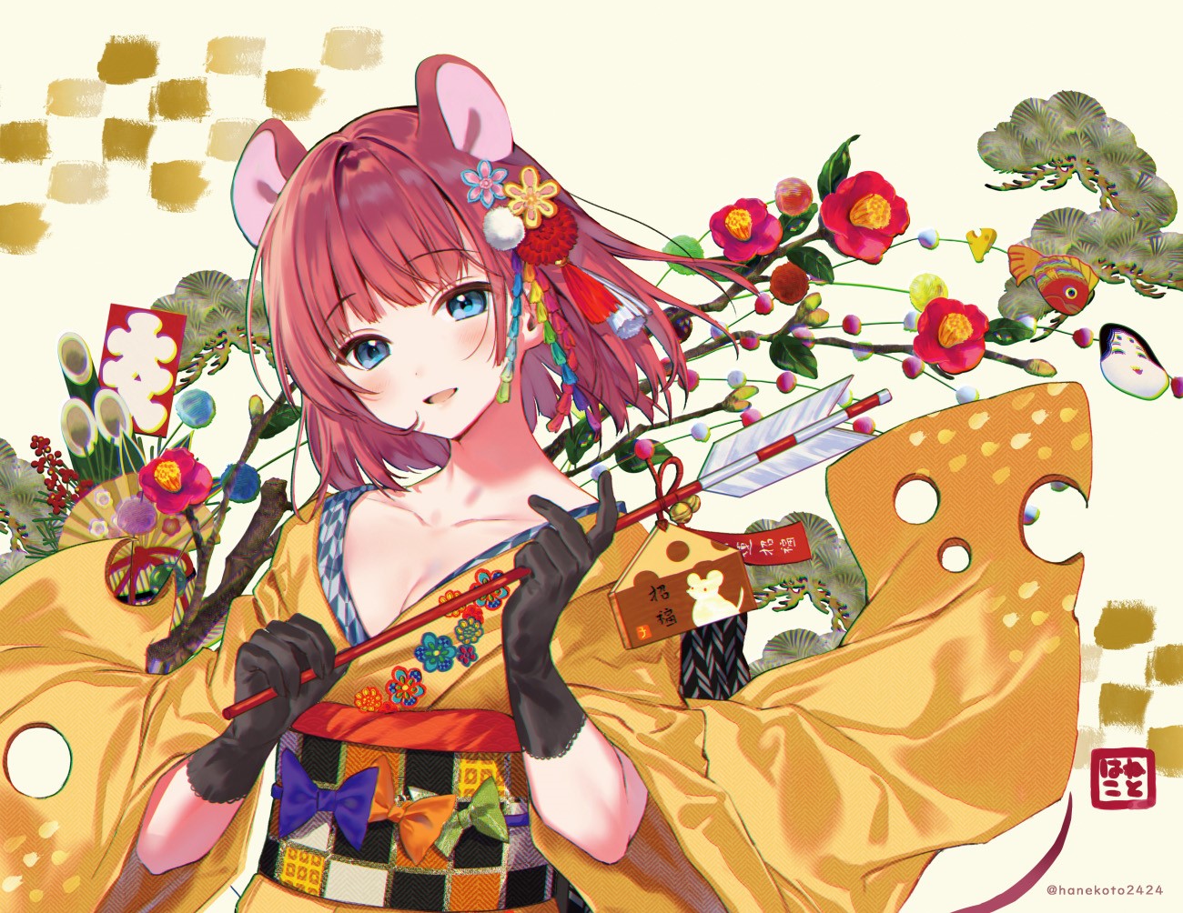 Anime girl with mouse ears and kimono holding an arrow HD Wallpaper