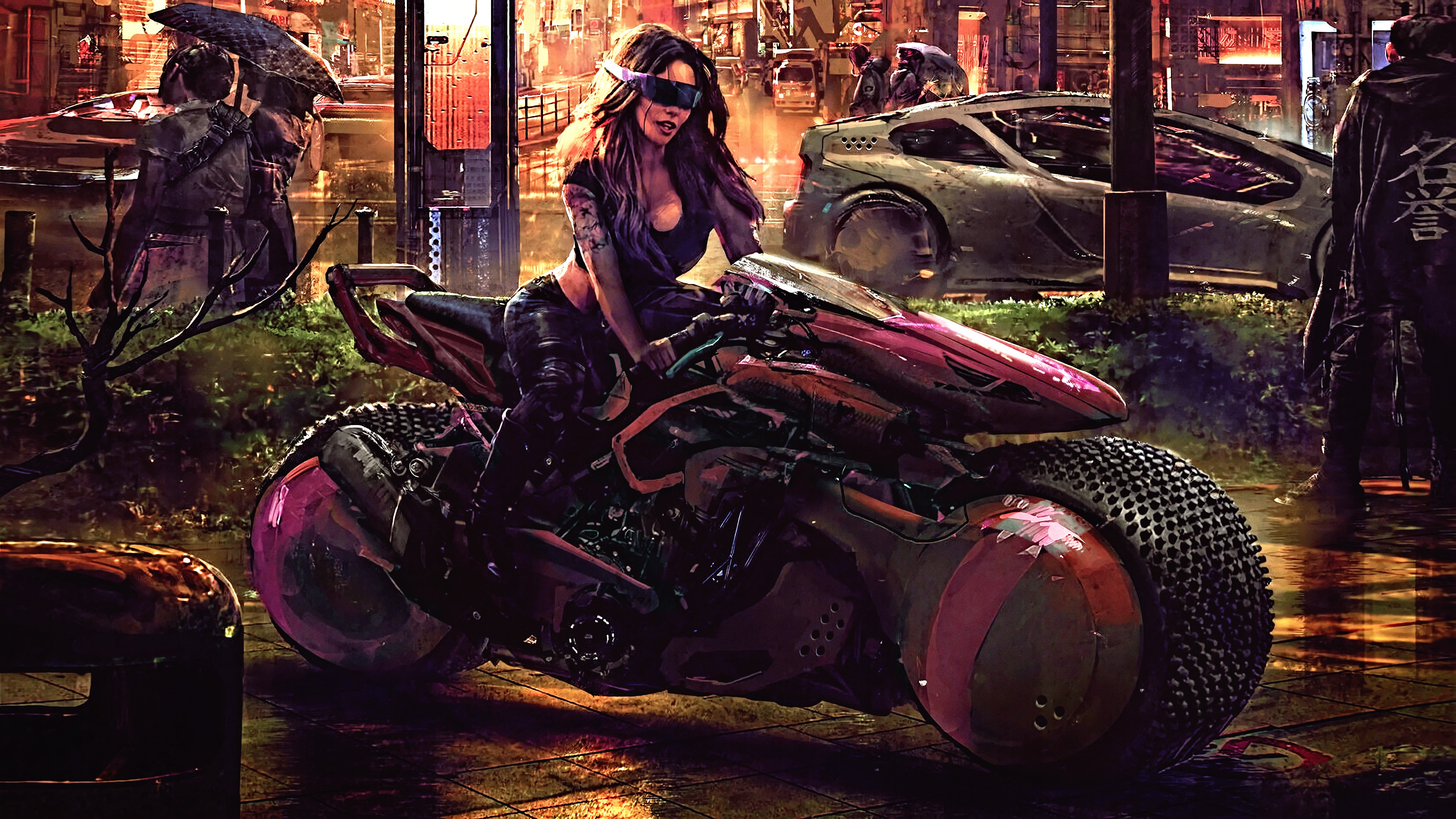 Cyberpunk woman on a futuristic motorcycle in a city HD Wallpaper