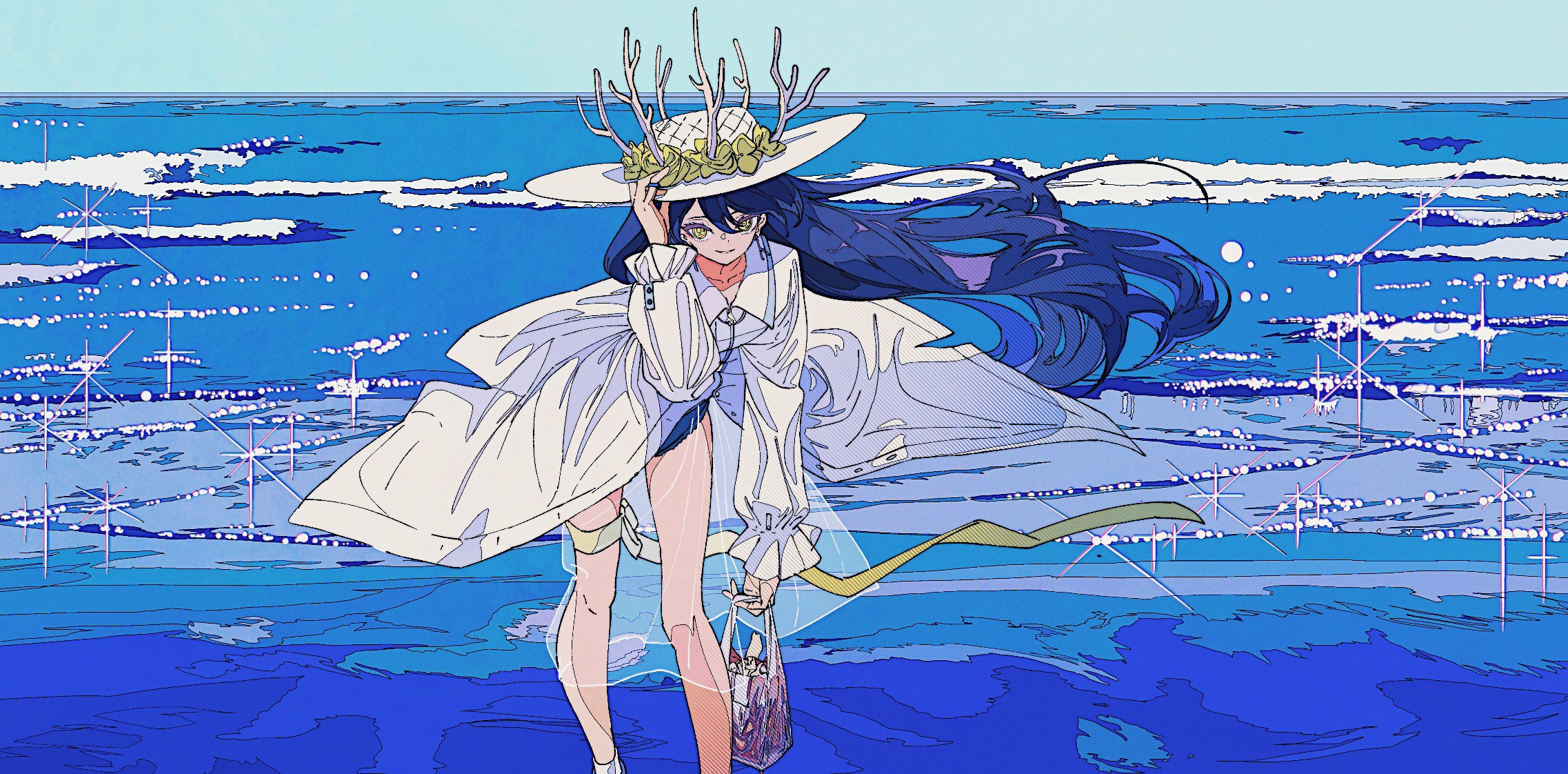Anime girl with coral hat by the sea HD Wallpaper
