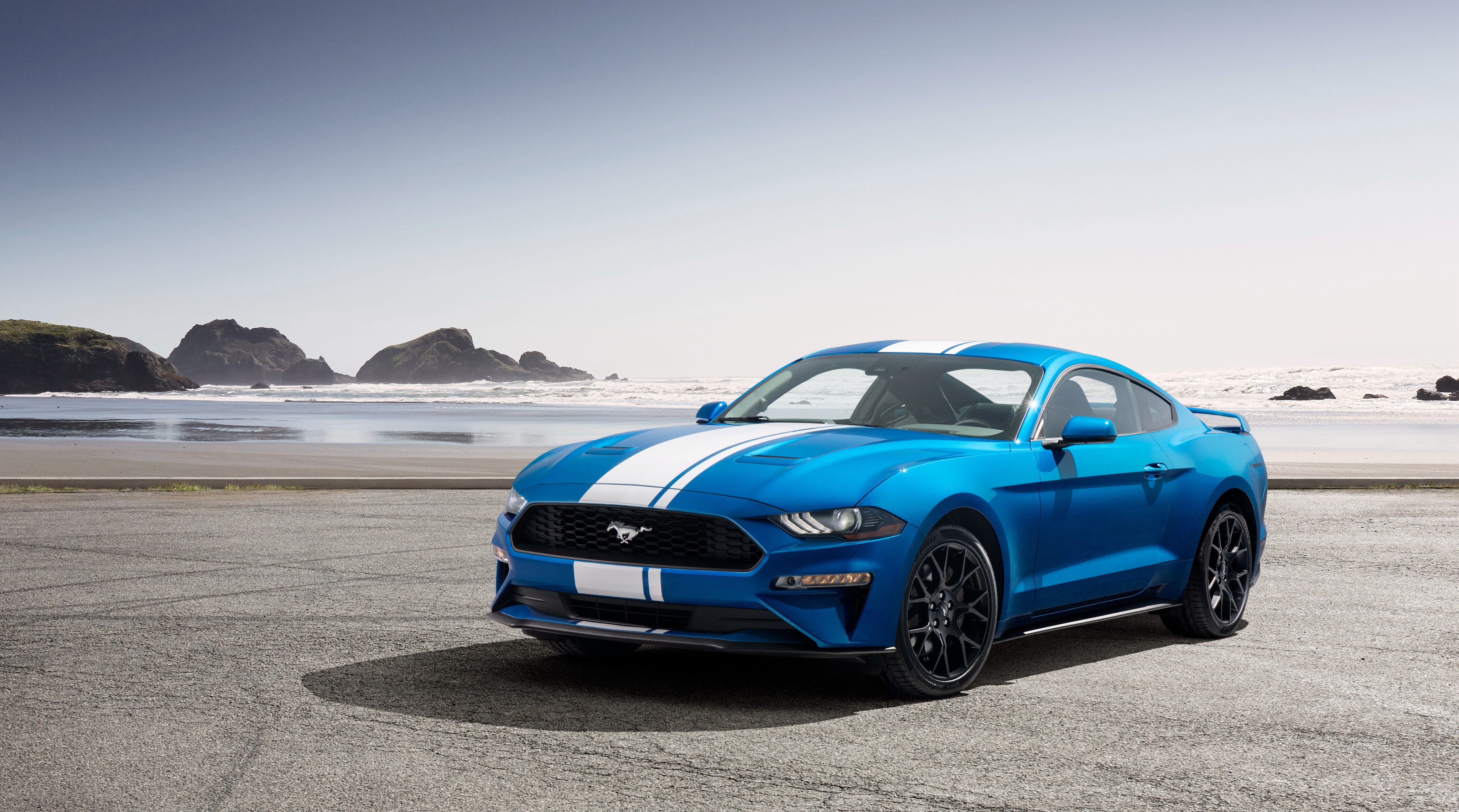 Blue Ford Mustang with White Stripes on Beach HD Wallpaper