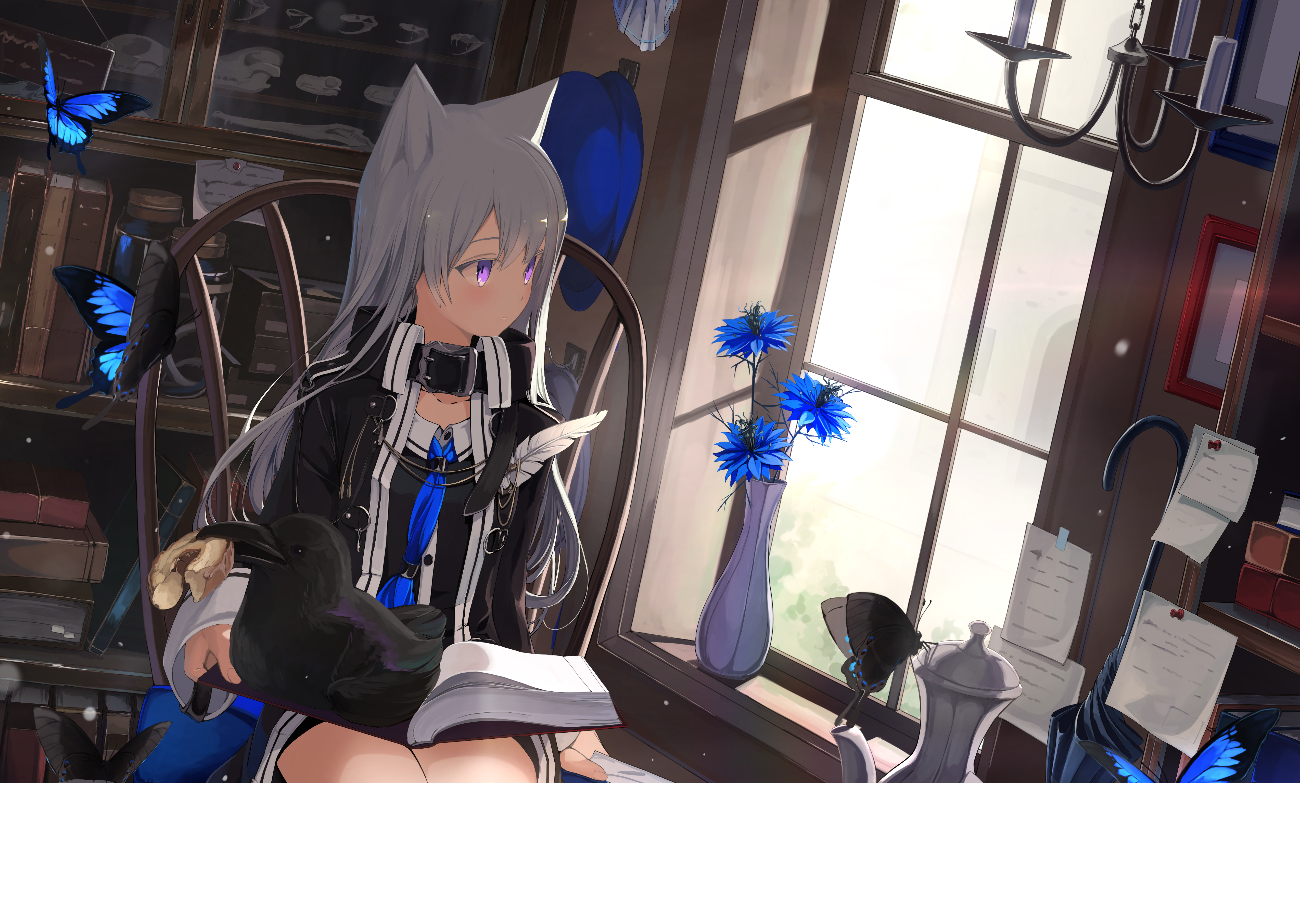 Anime girl with animal ears and butterflies HD Wallpaper