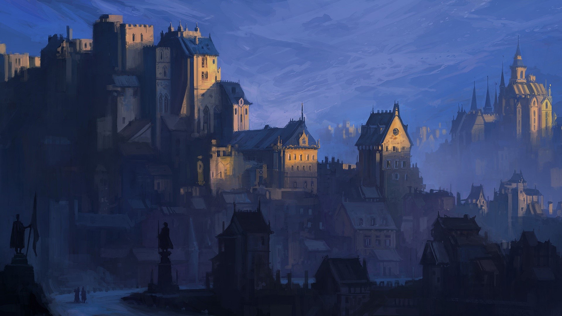 Fantasy cityscape with castles and towers HD Wallpaper