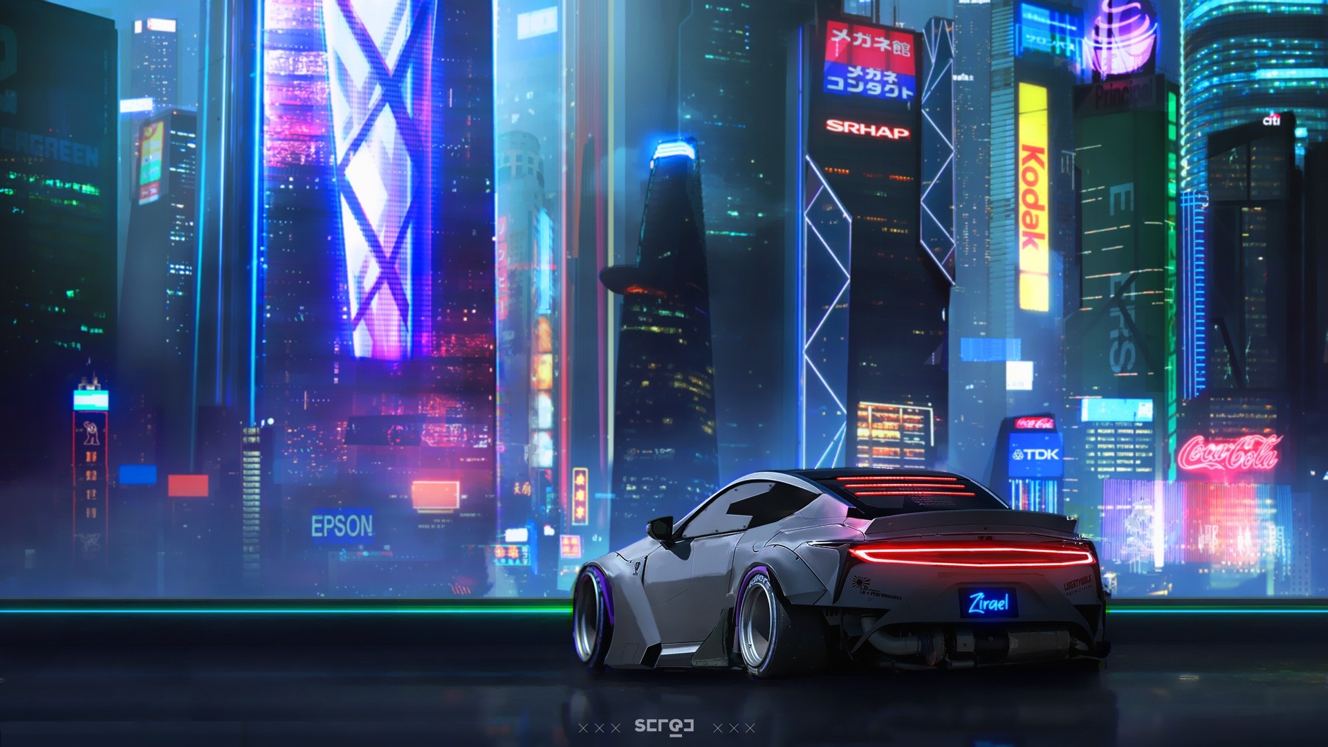 Futuristic car in a neon cityscape HD Wallpaper
