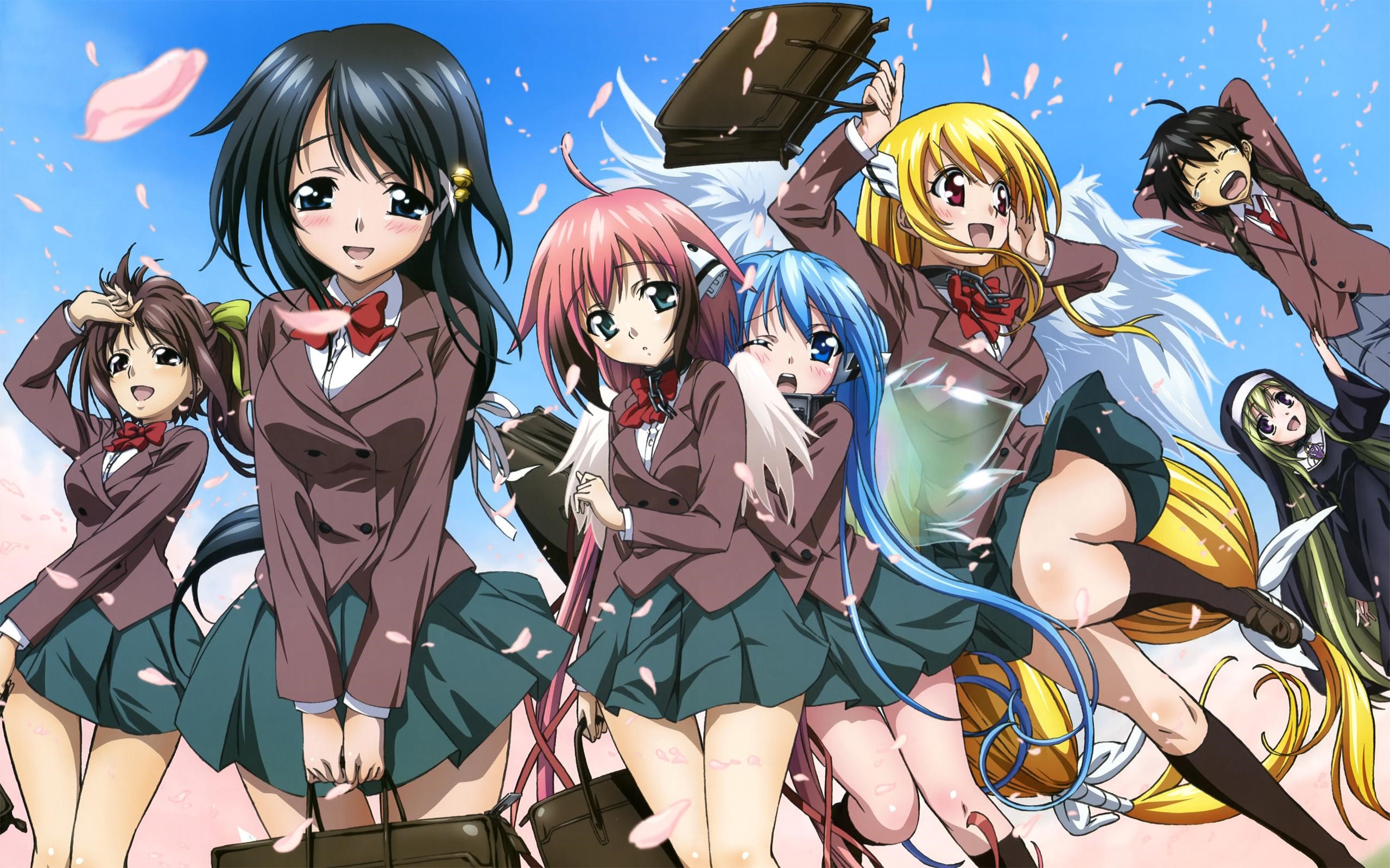 Anime girls in school uniforms with wings HD Wallpaper