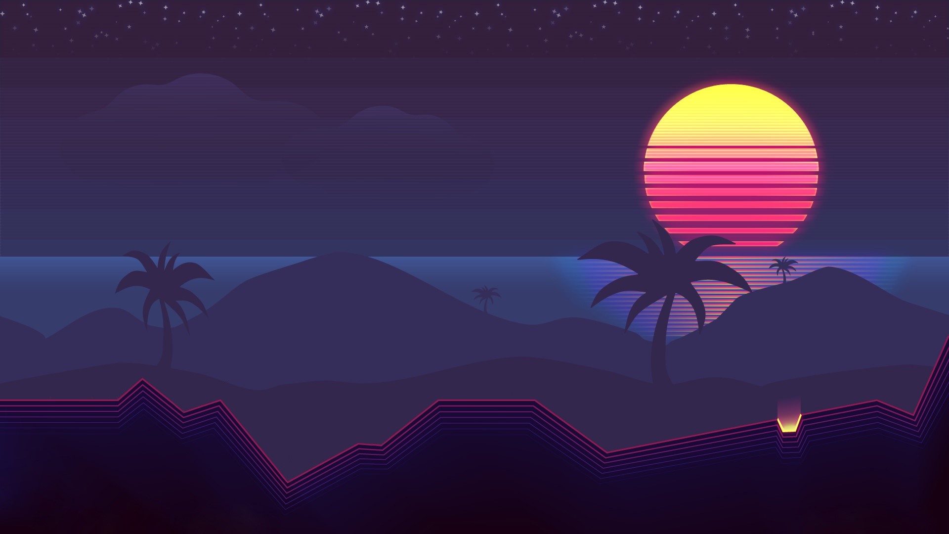 Retrowave landscape with palm trees and a setting sun HD Wallpaper