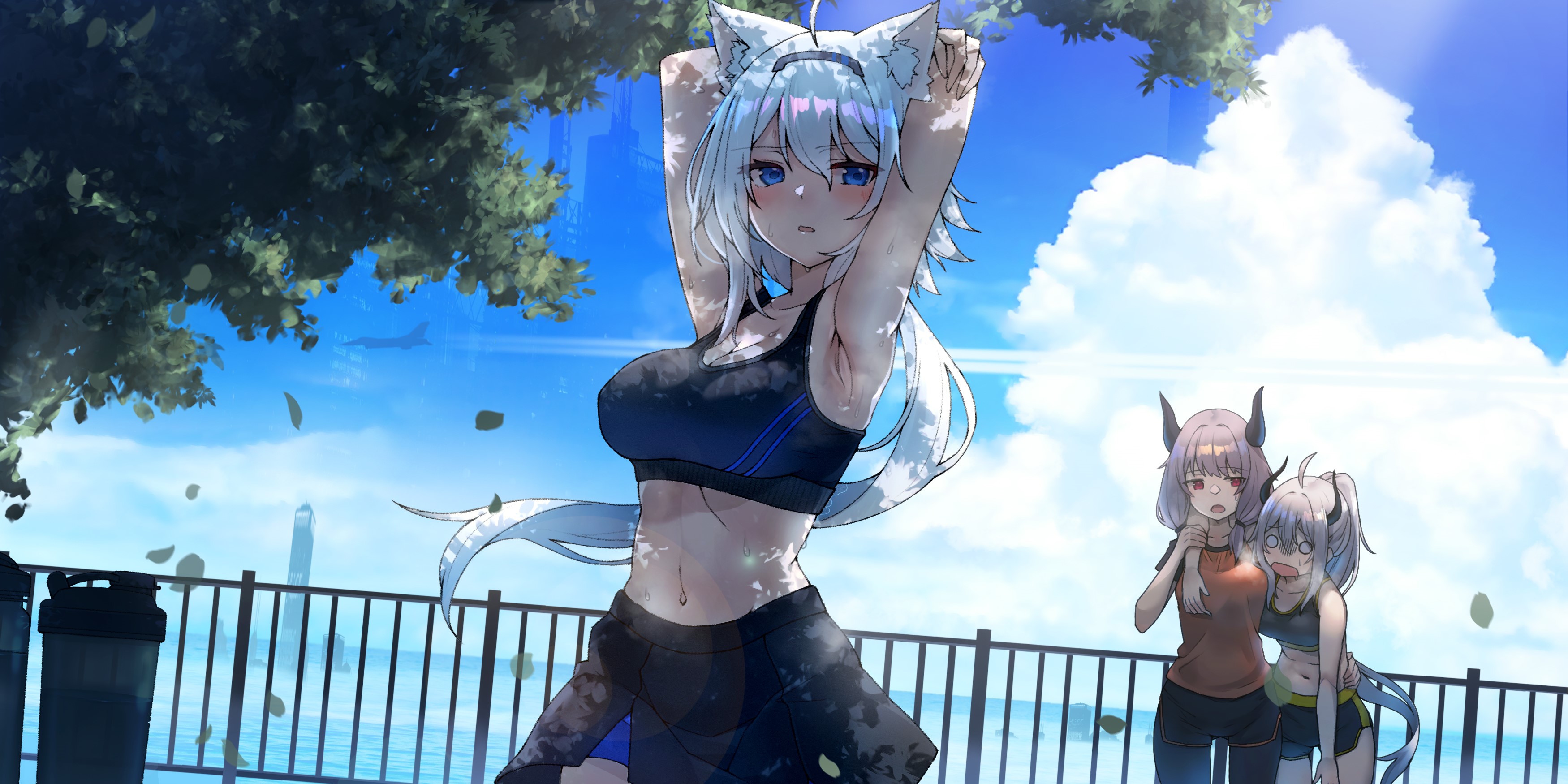Anime girls stretching by the water HD Wallpaper