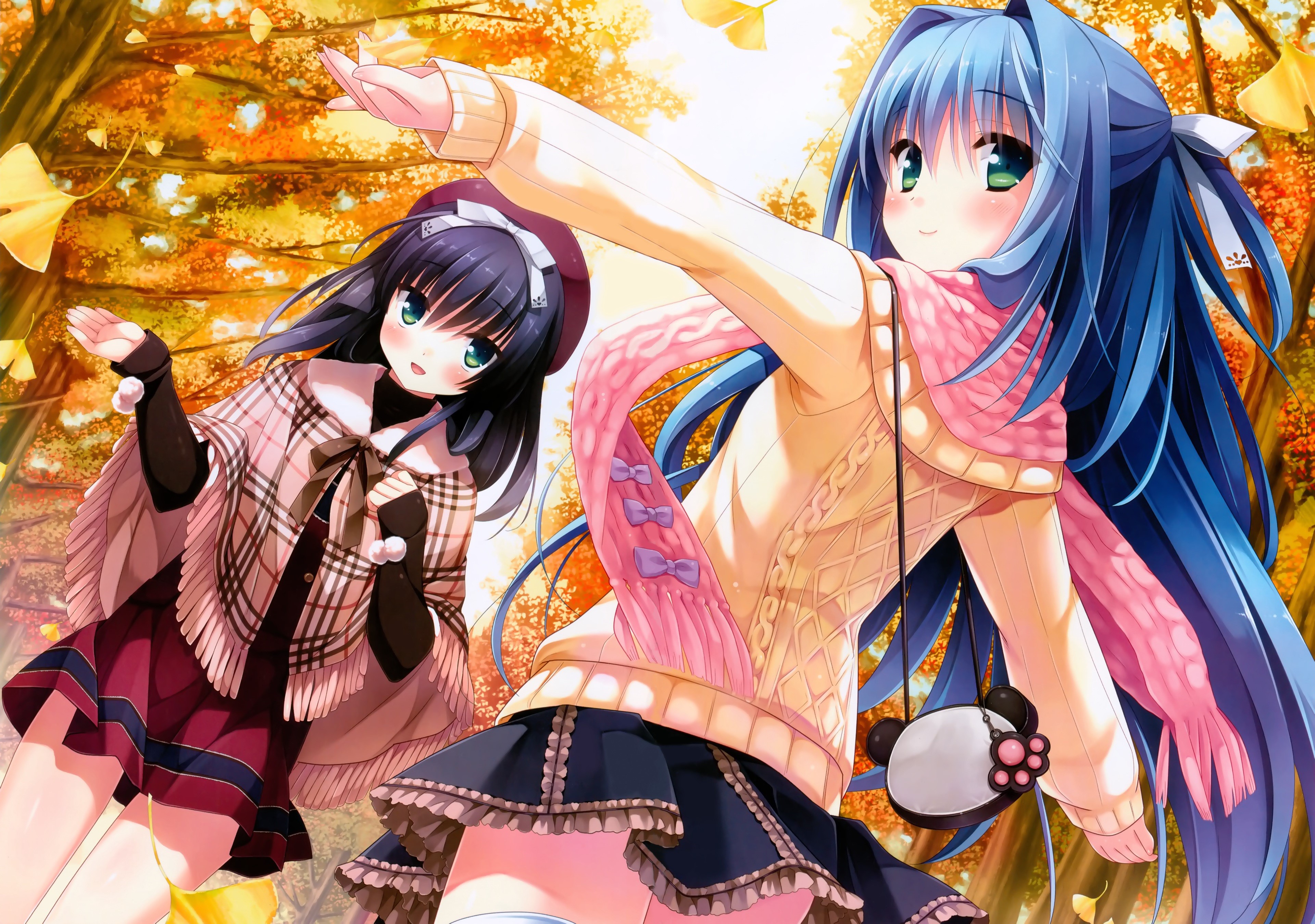Two anime girls with long hair in autumn HD Wallpaper