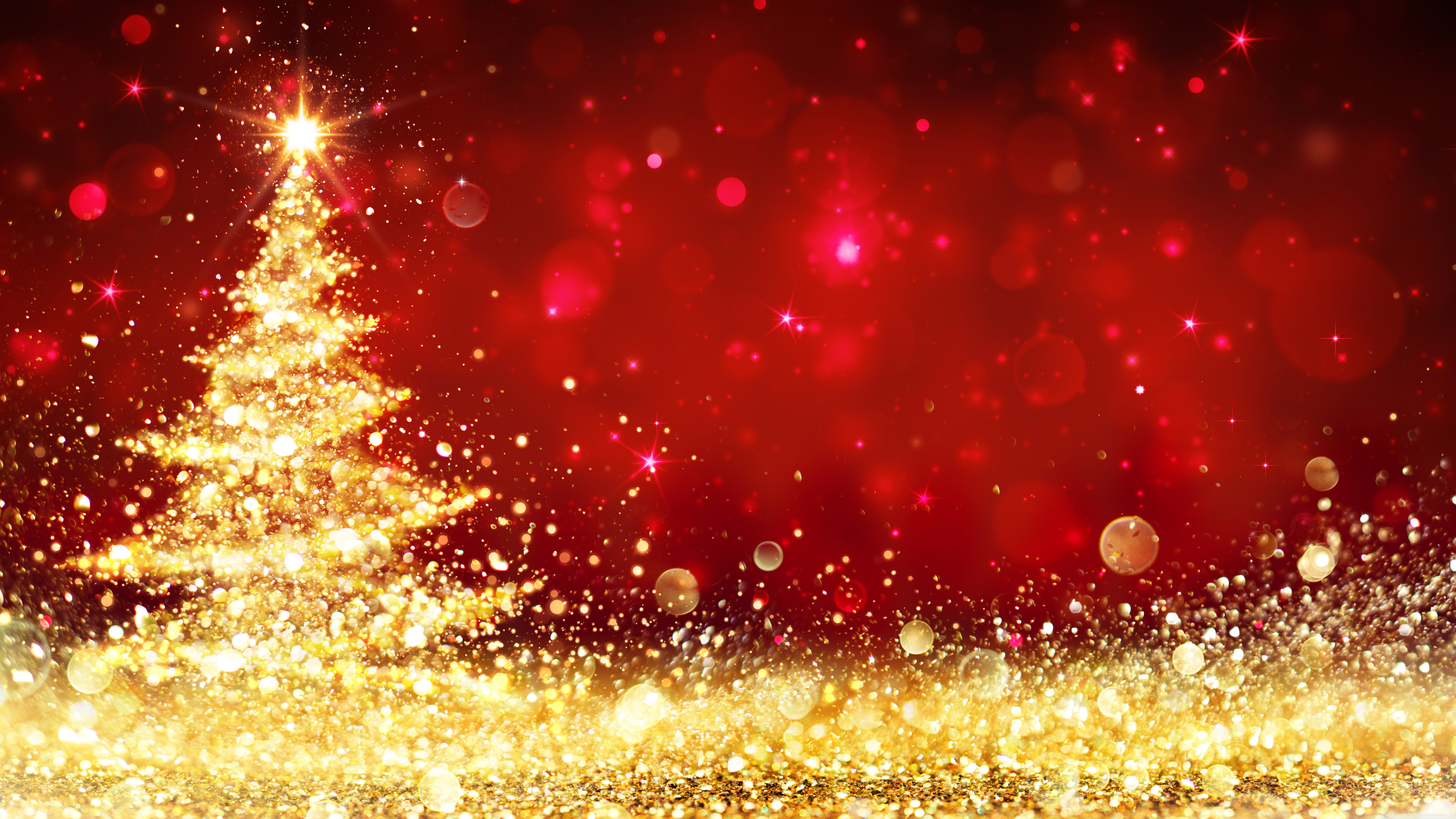 4K Christmas Tree with Golden Lights and Red Background HD Wallpaper