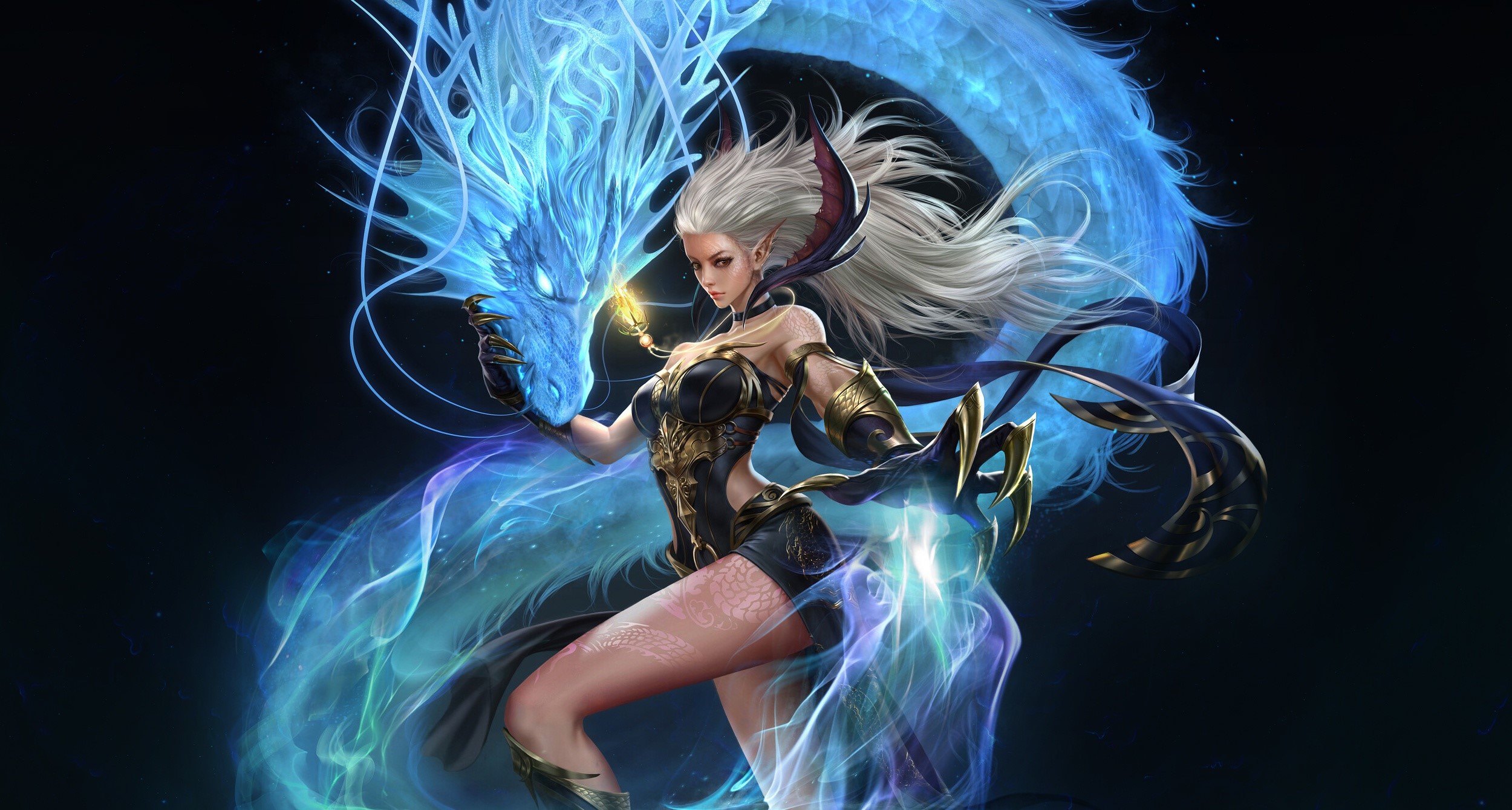 Fantasy girl with blue dragon and magic HD Wallpaper