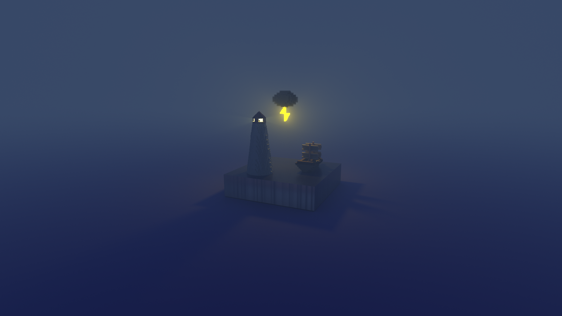 Voxel lighthouse and ship during a storm HD Wallpaper