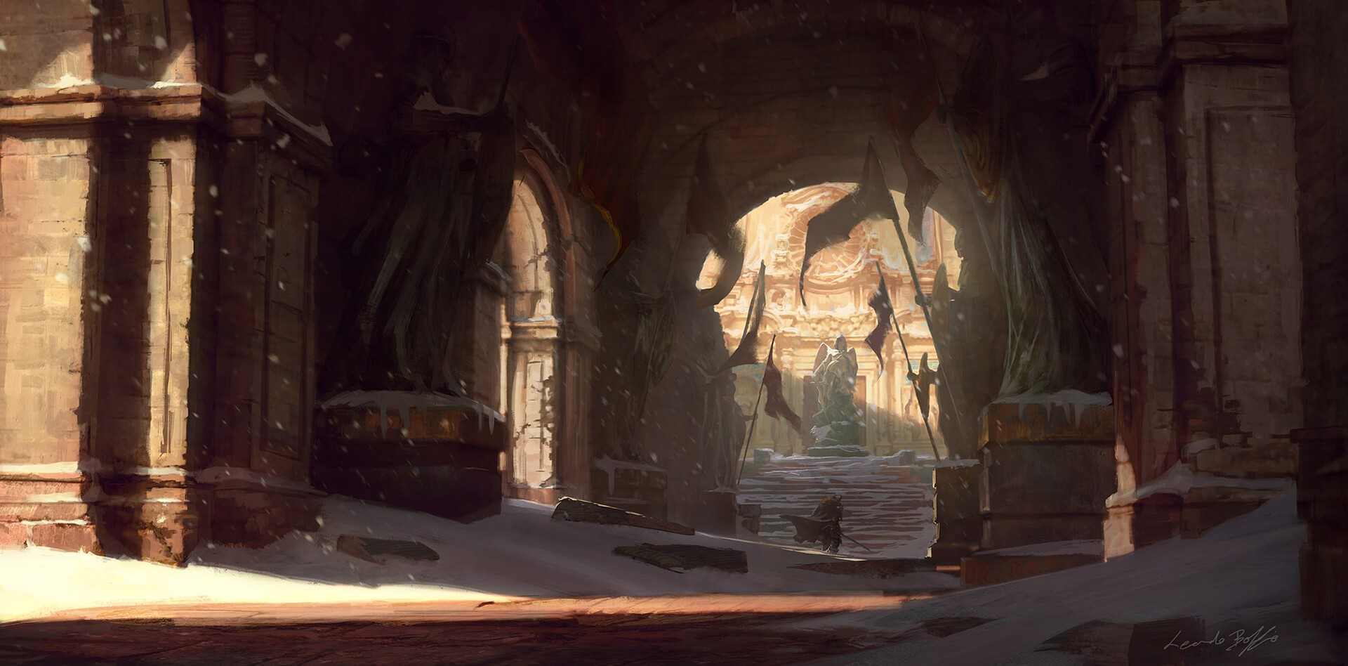 Fantasy art of a snowy ancient ruin with statues and flags HD Wallpaper