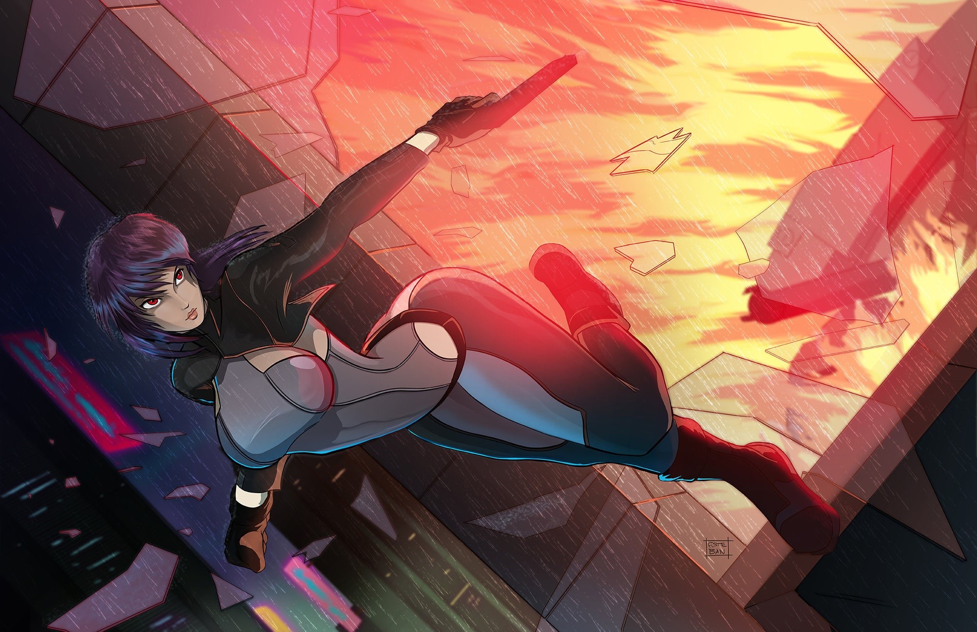 Motoko Kusanagi from Ghost in the Shell in Cyberpunk City HD Wallpaper