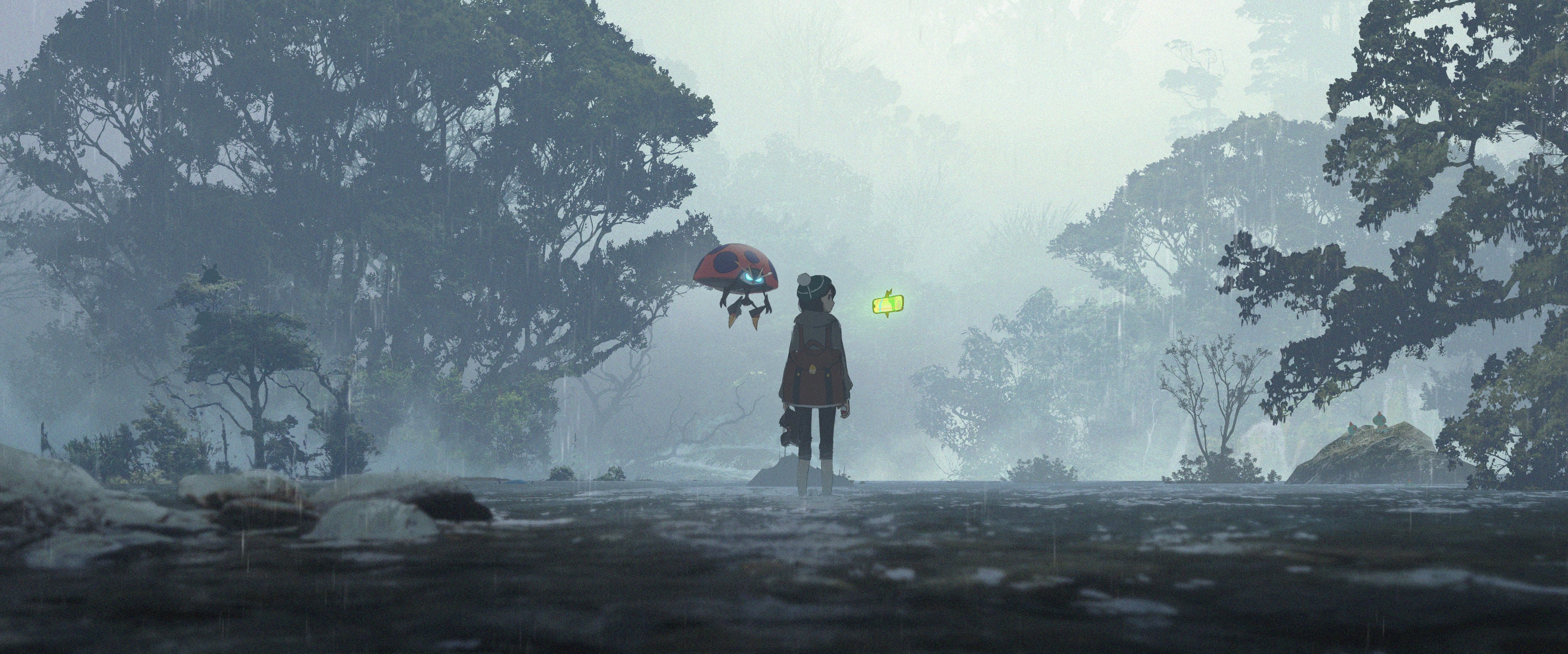 Anime girl with ladybug drone in a misty forest HD Wallpaper