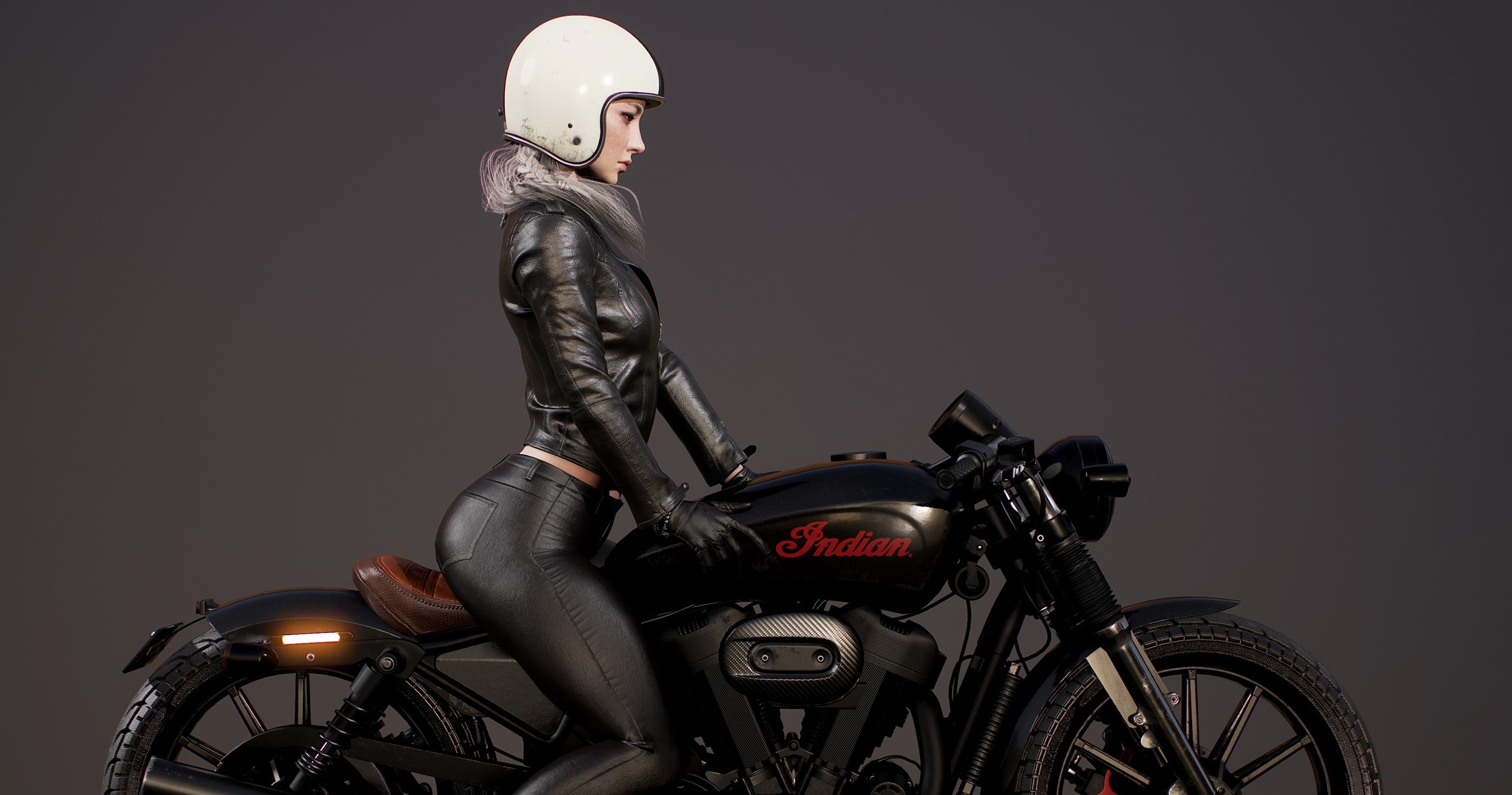 Woman in leather riding an Indian motorcycle HD Wallpaper