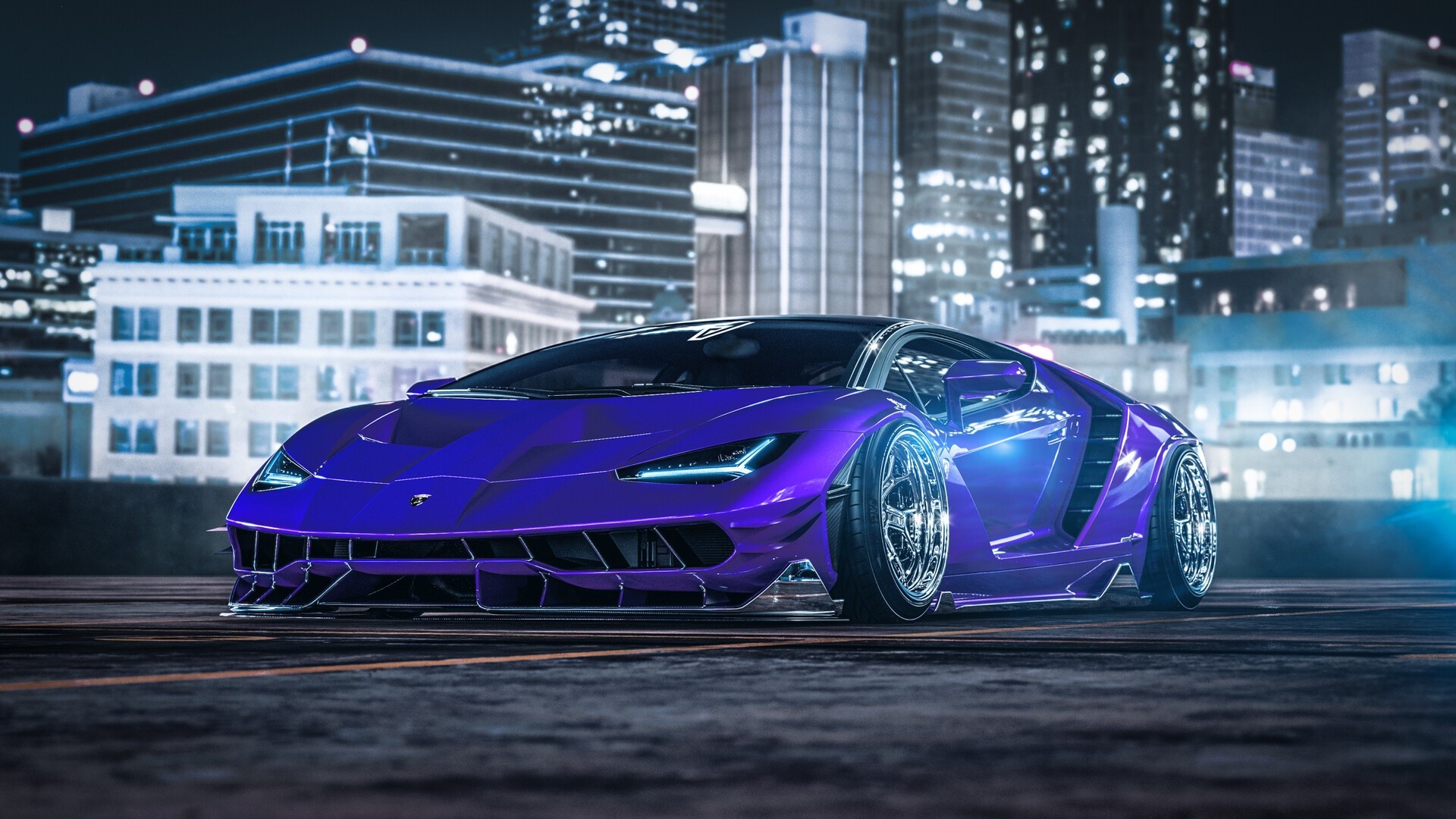 Purple Lamborghini Centenario in a City at Night HD Wallpaper