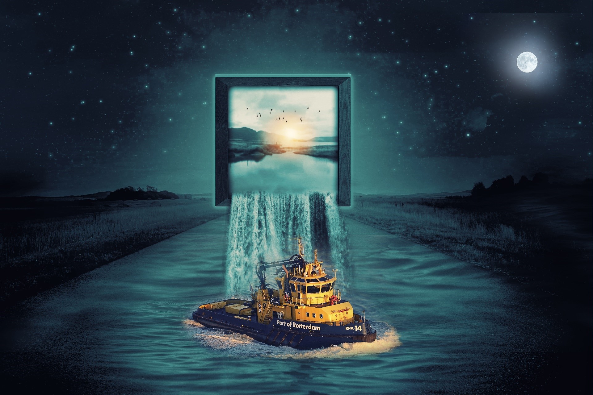 Tugboat sailing through a surreal waterfall from a framed artwork HD Wallpaper