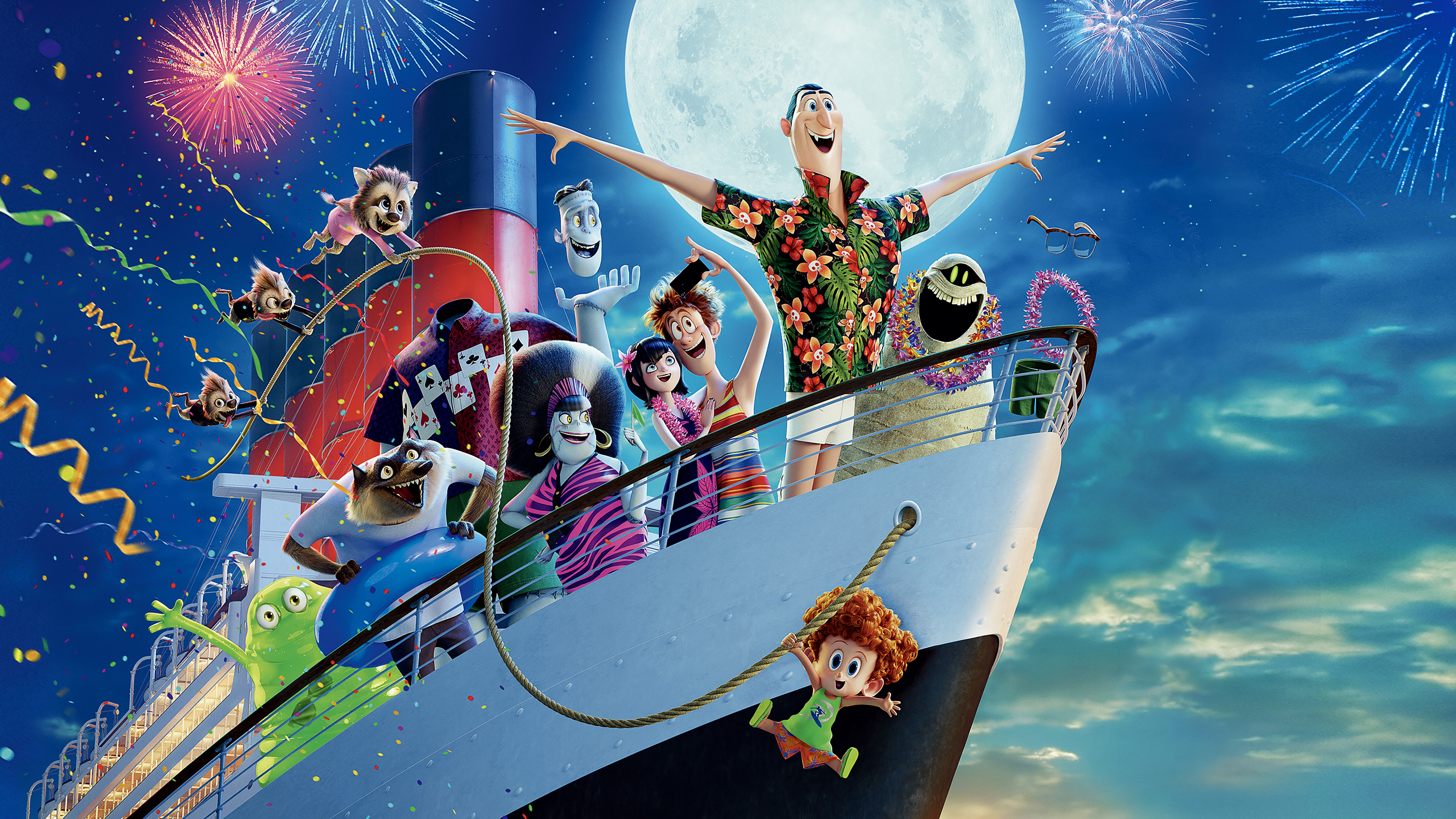 Hotel Transylvania characters on a cruise ship with fireworks HD Wallpaper
