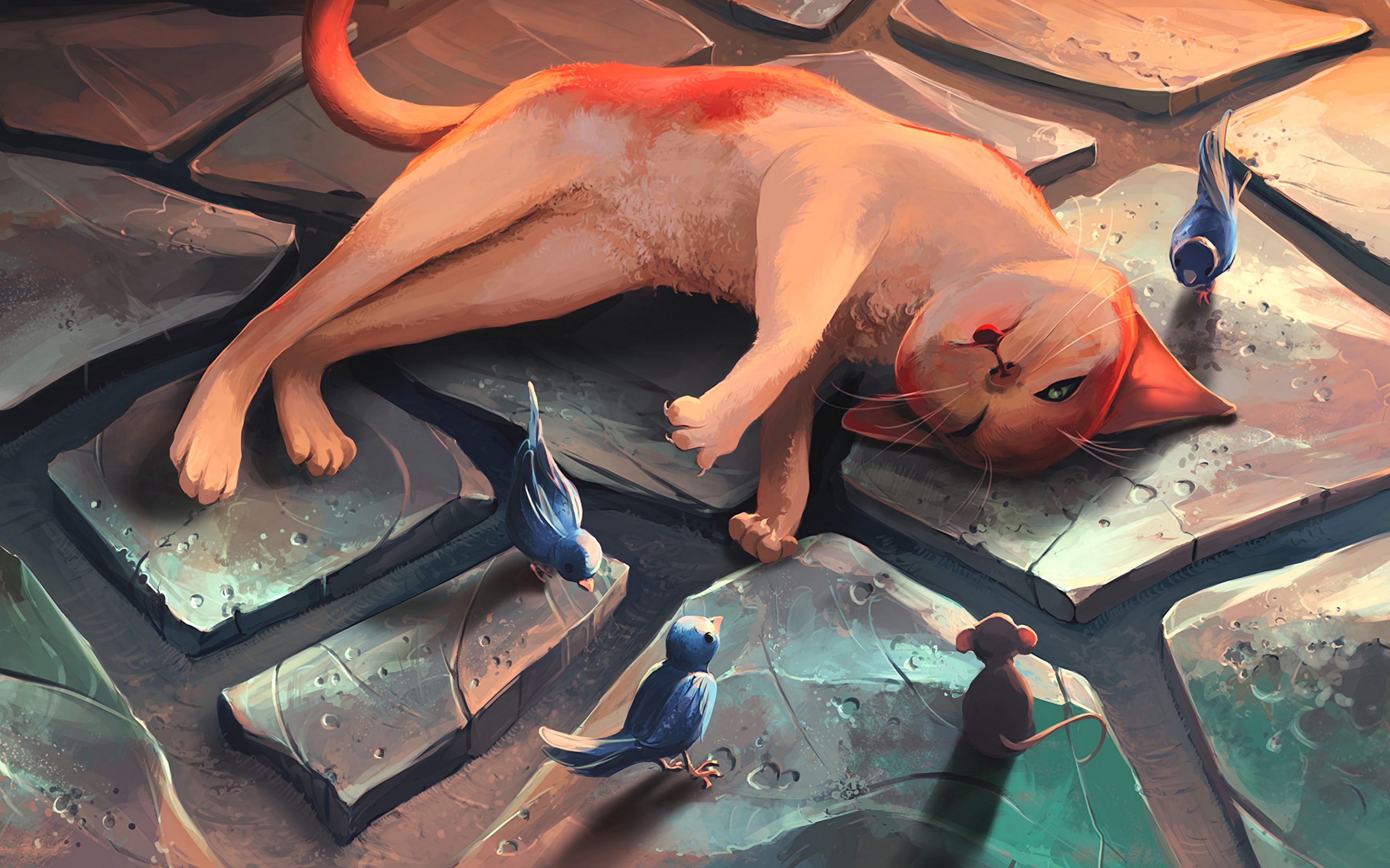 Orange cat lying on stone tiles with birds and mouse HD Wallpaper