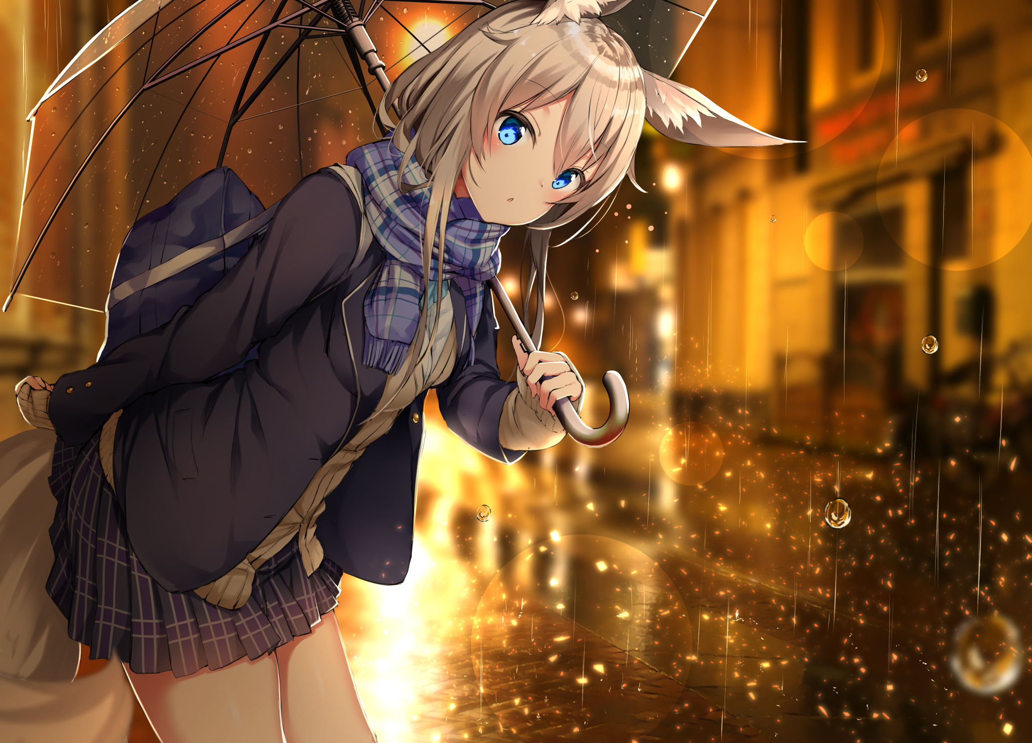 Anime girl with umbrella in the rain HD Wallpaper