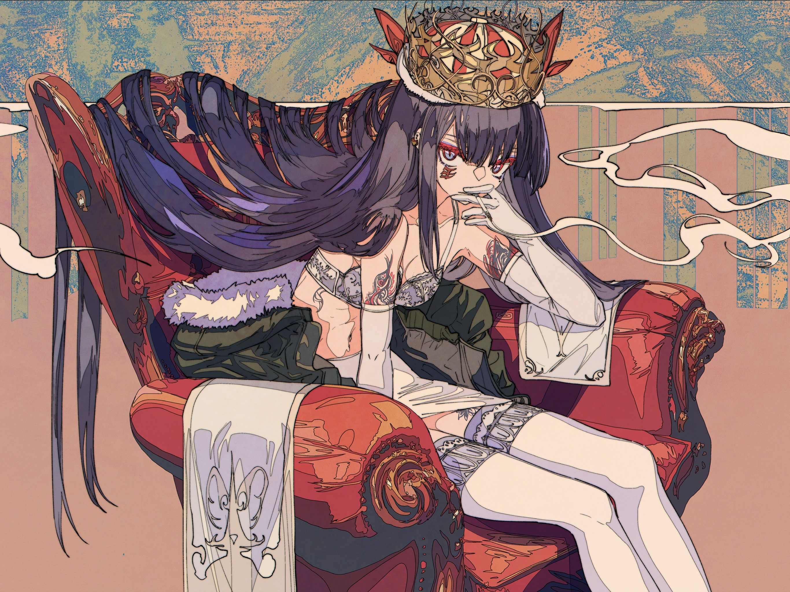 Anime girl with crown sitting on a throne HD Wallpaper