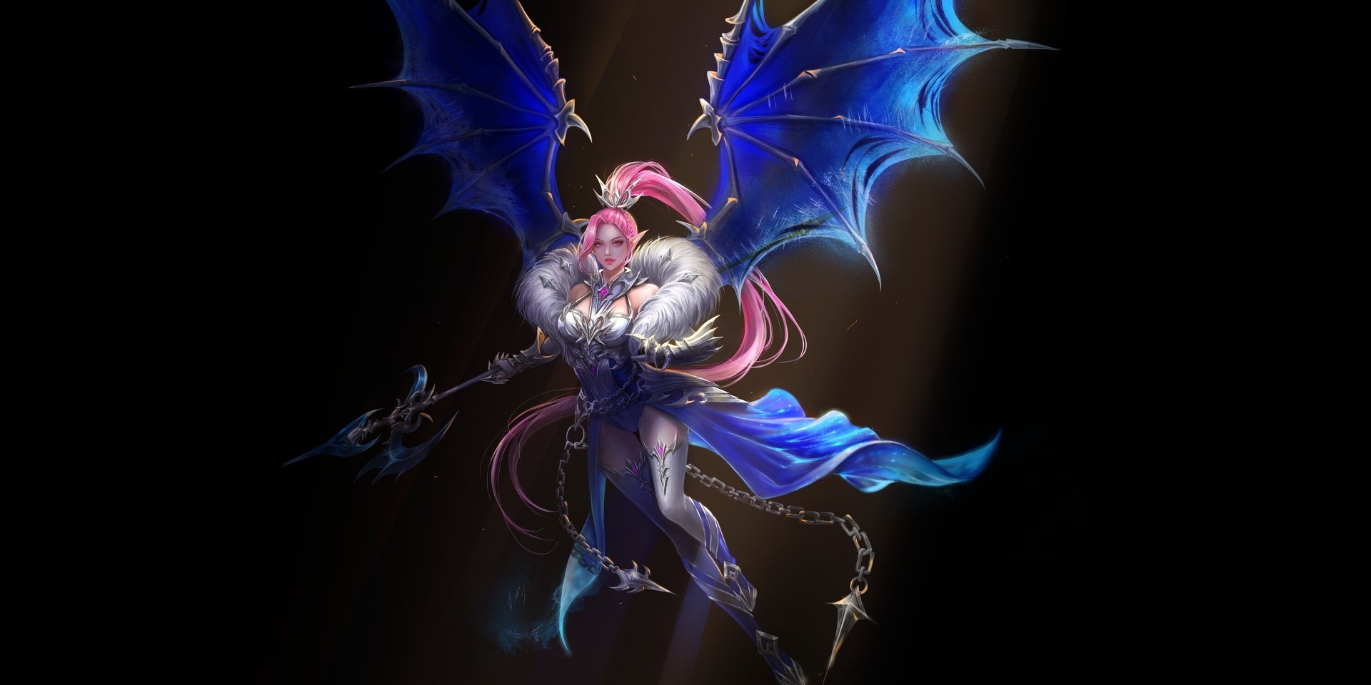 Fantasy girl with pink hair and blue wings holding a staff HD Wallpaper