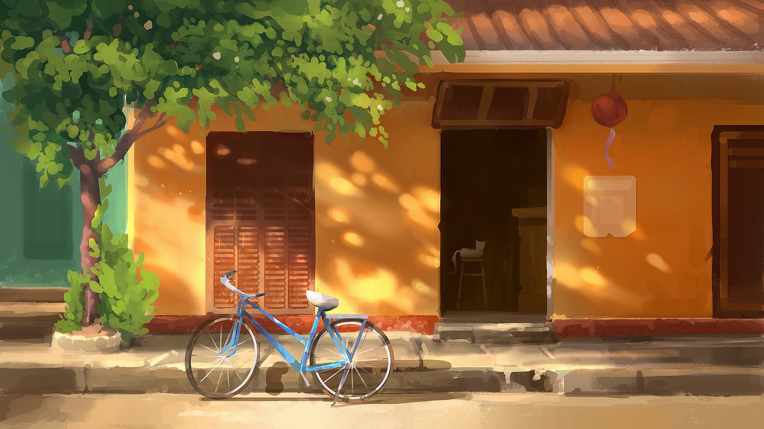 Digital painting of a bicycle parked on a street in front of a building HD Wallpaper