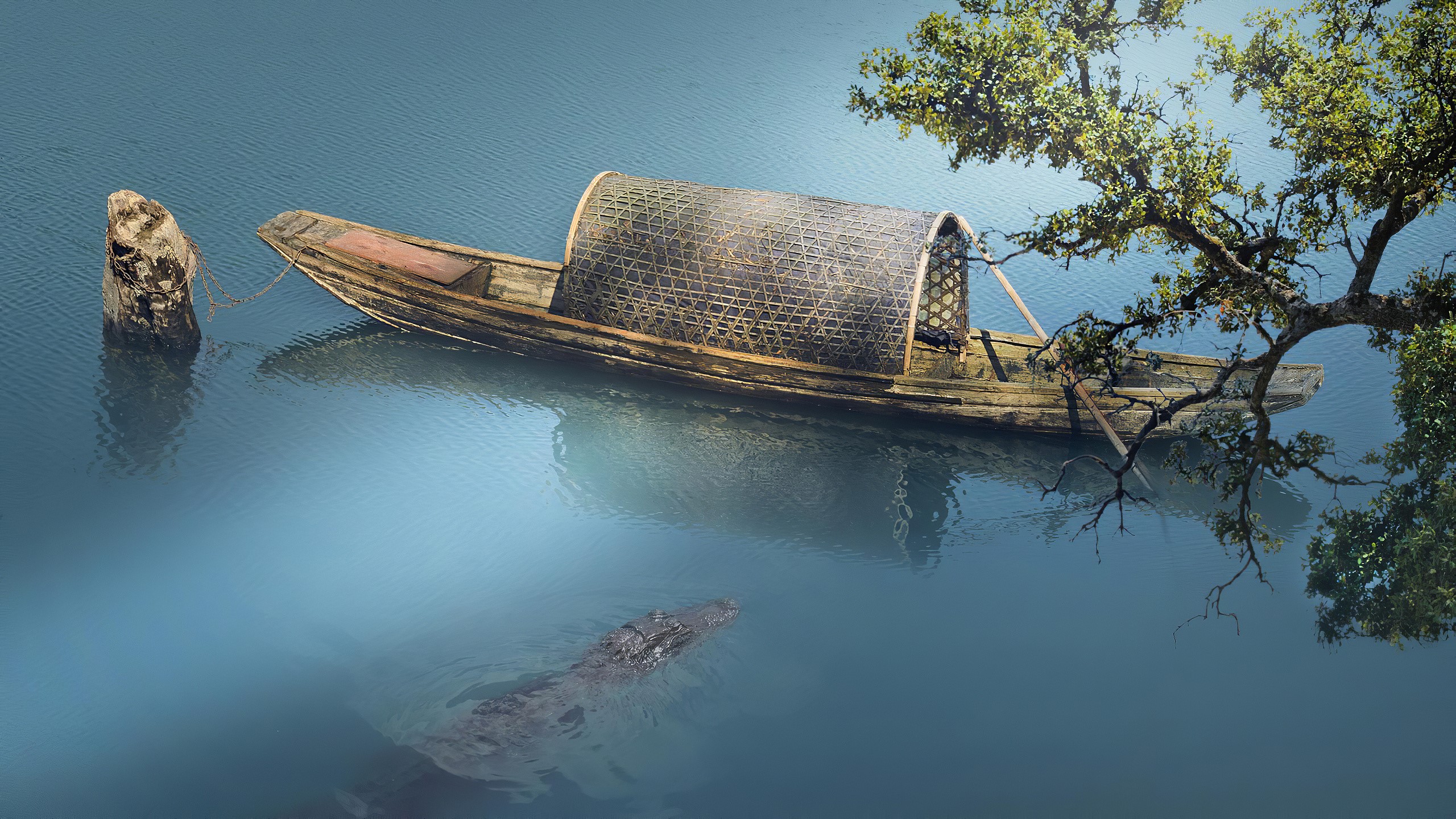 Wooden boat and crocodile in calm water near a tree HD Wallpaper