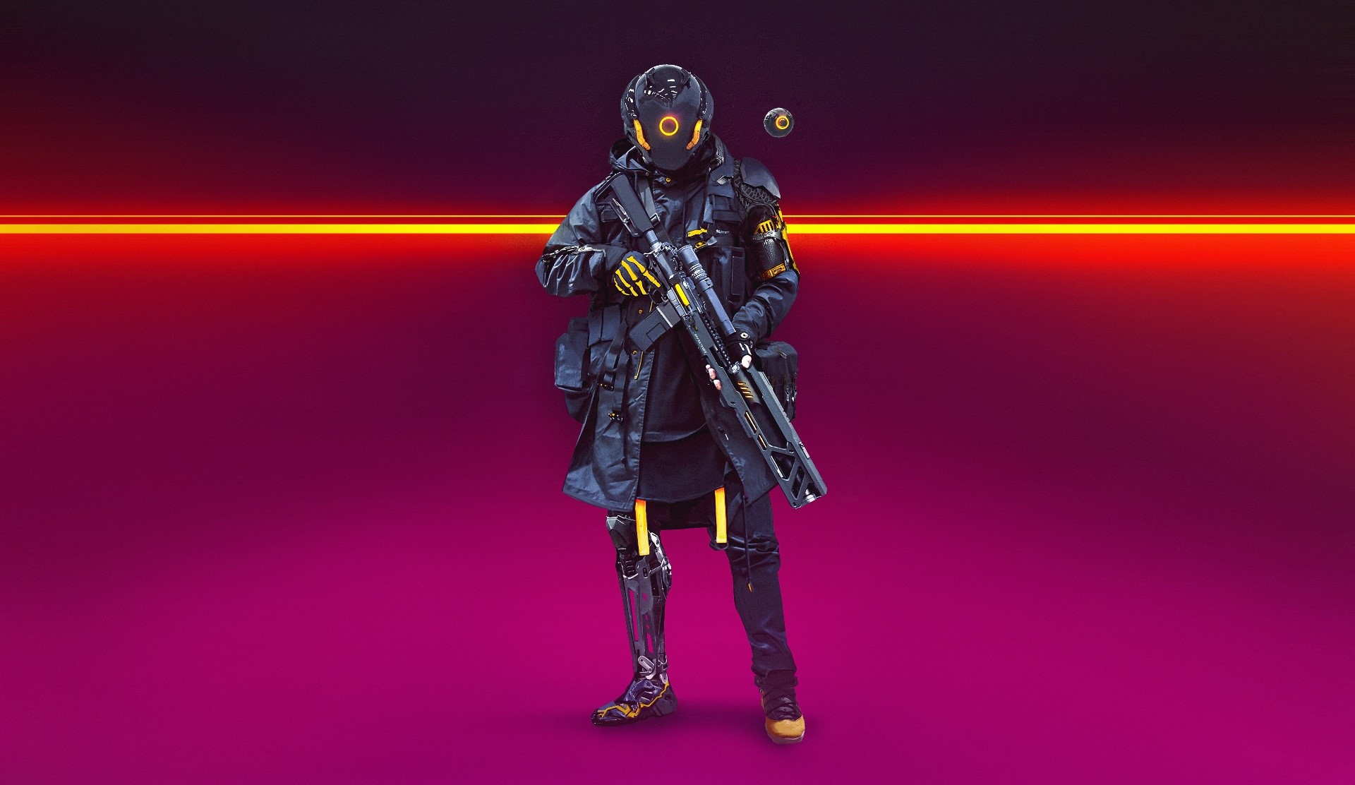 Cyberpunk cyborg soldier with rifle HD Wallpaper