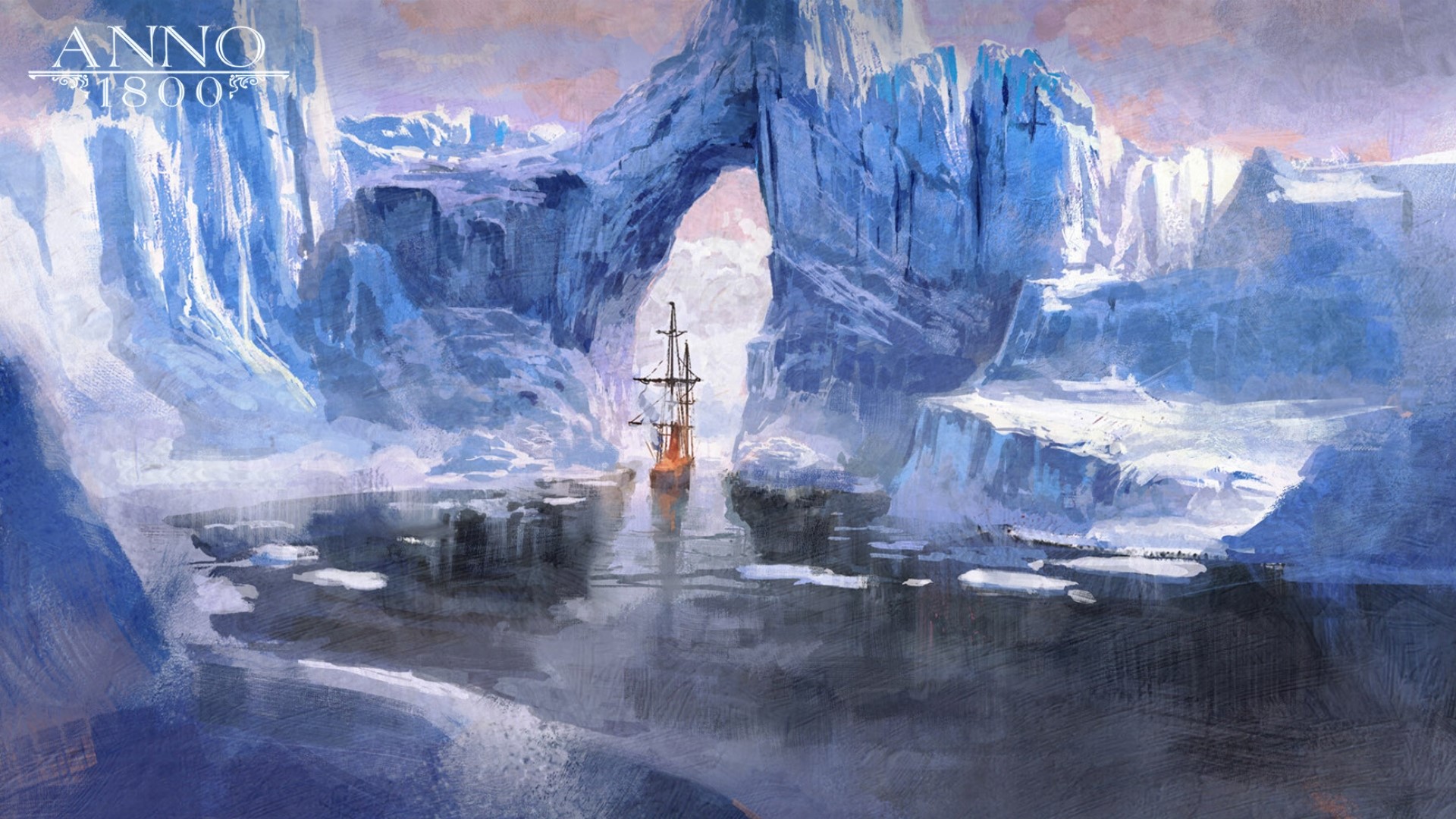 Anno 1800 concept art of a sailing ship in the Arctic HD Wallpaper
