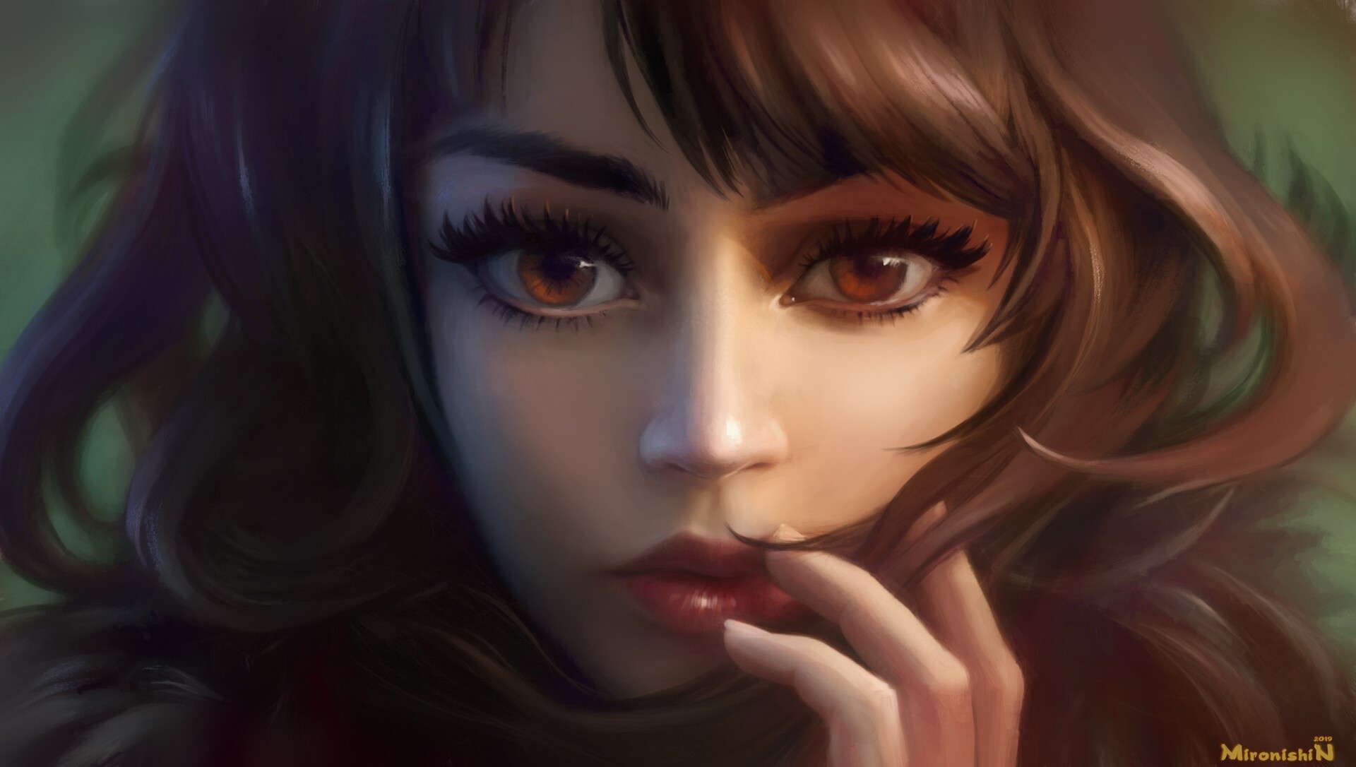 Artwork of a woman's face with brown hair HD Wallpaper