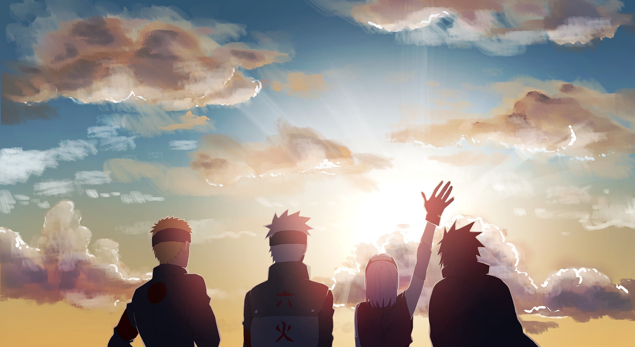 Naruto, Sasuke, Sakura, and Kakashi against the sky HD Wallpaper