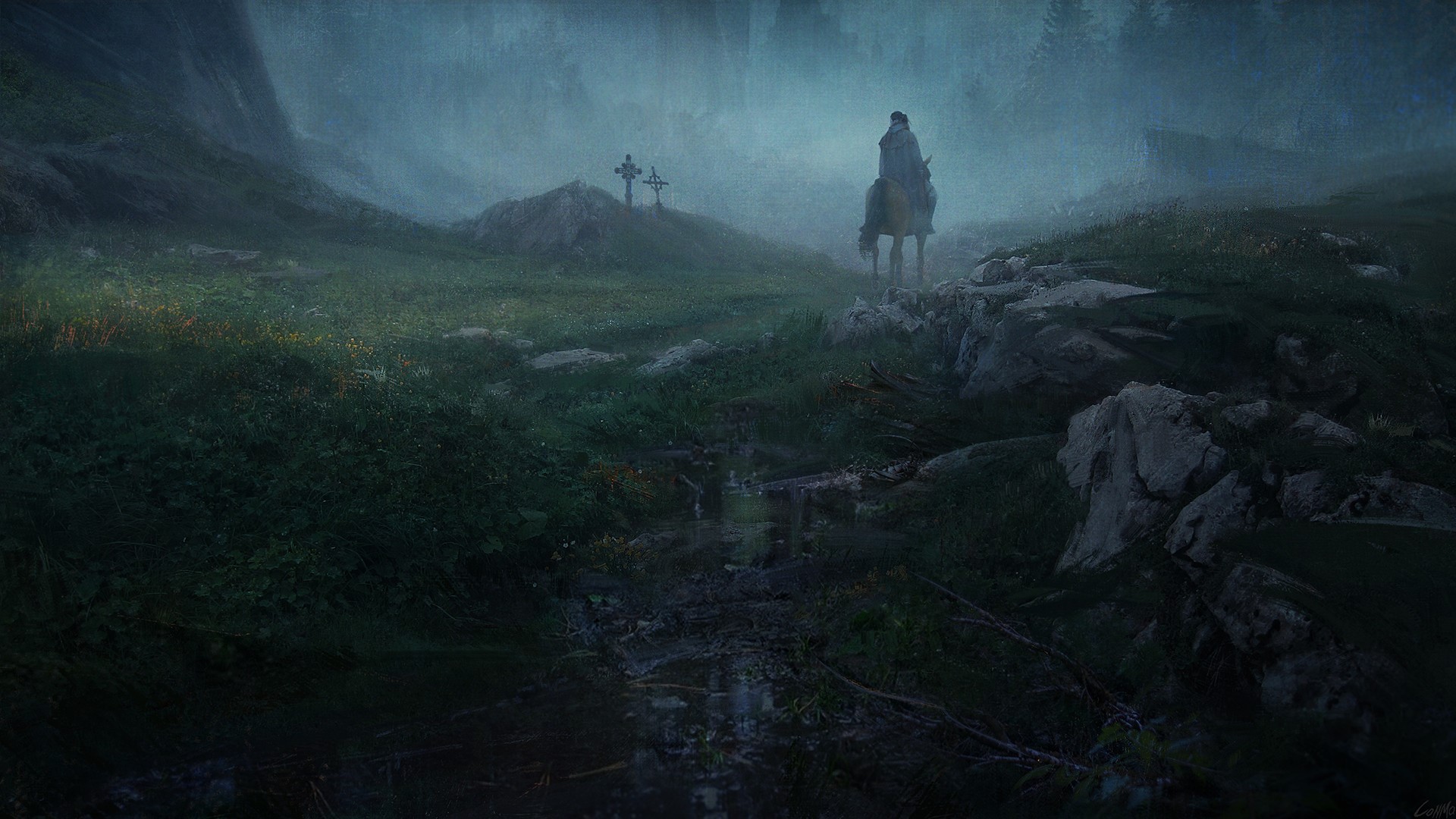 Fantasy landscape with a person on horseback near graves HD Wallpaper