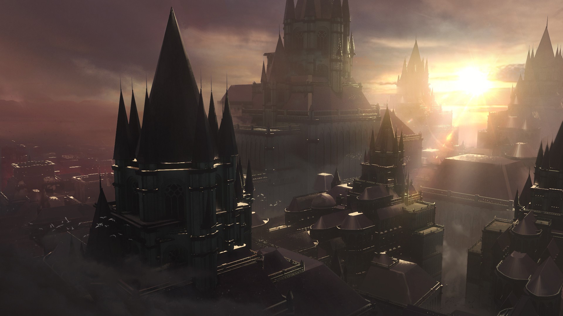 Fantasy castle city at sunrise HD Wallpaper