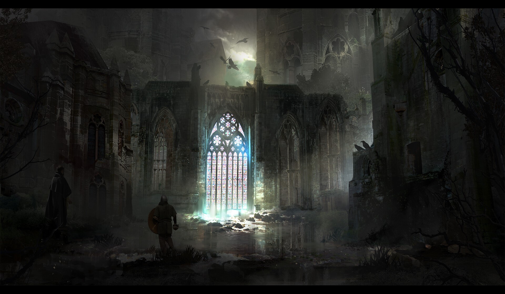 Ruined Gothic Cathedral with Knights HD Wallpaper