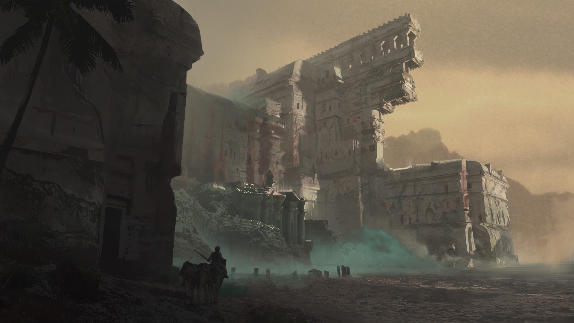 Ruined ancient structure on a misty coast with a traveler HD Wallpaper