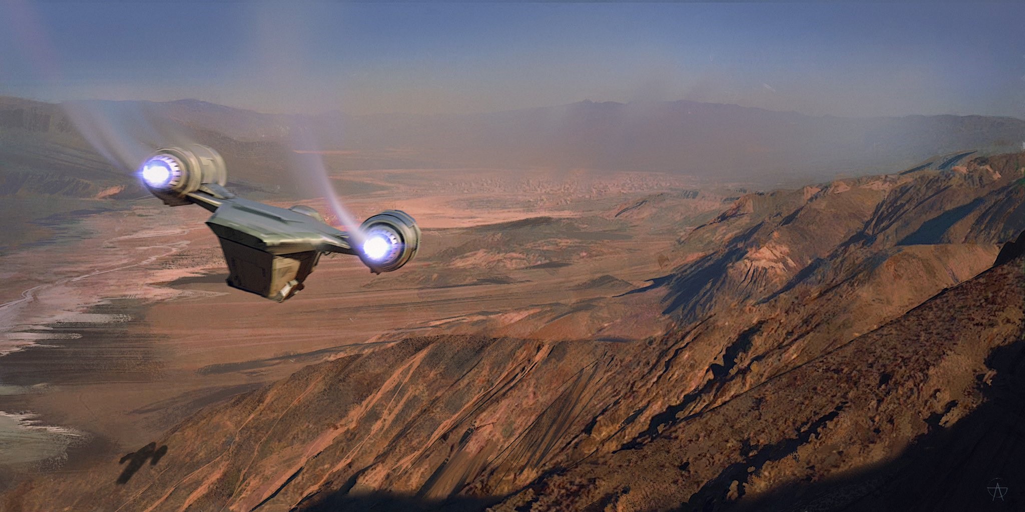 The Mandalorian's Razor Crest flying over a desert landscape HD Wallpaper
