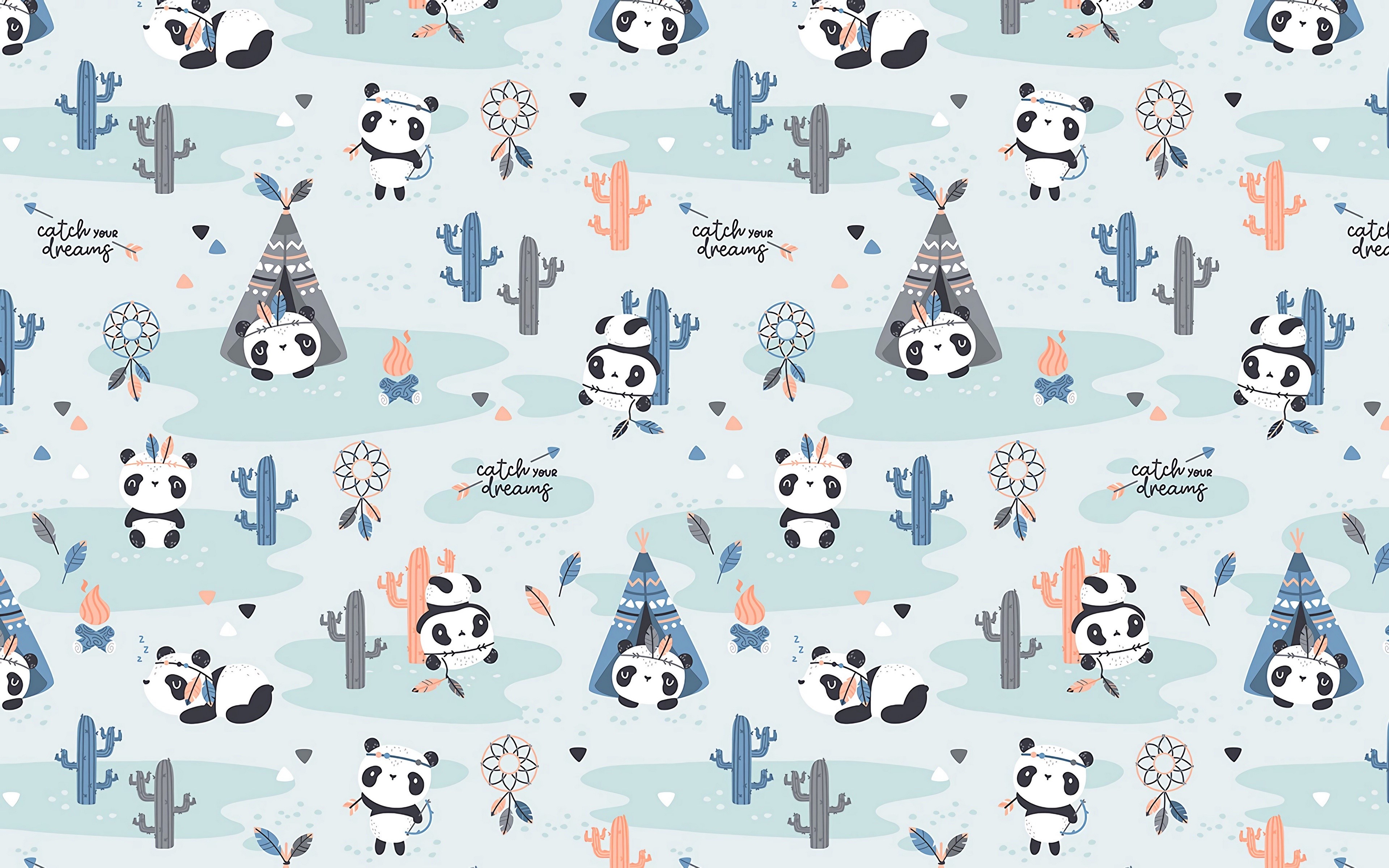 Panda pattern with cacti and teepees HD Wallpaper