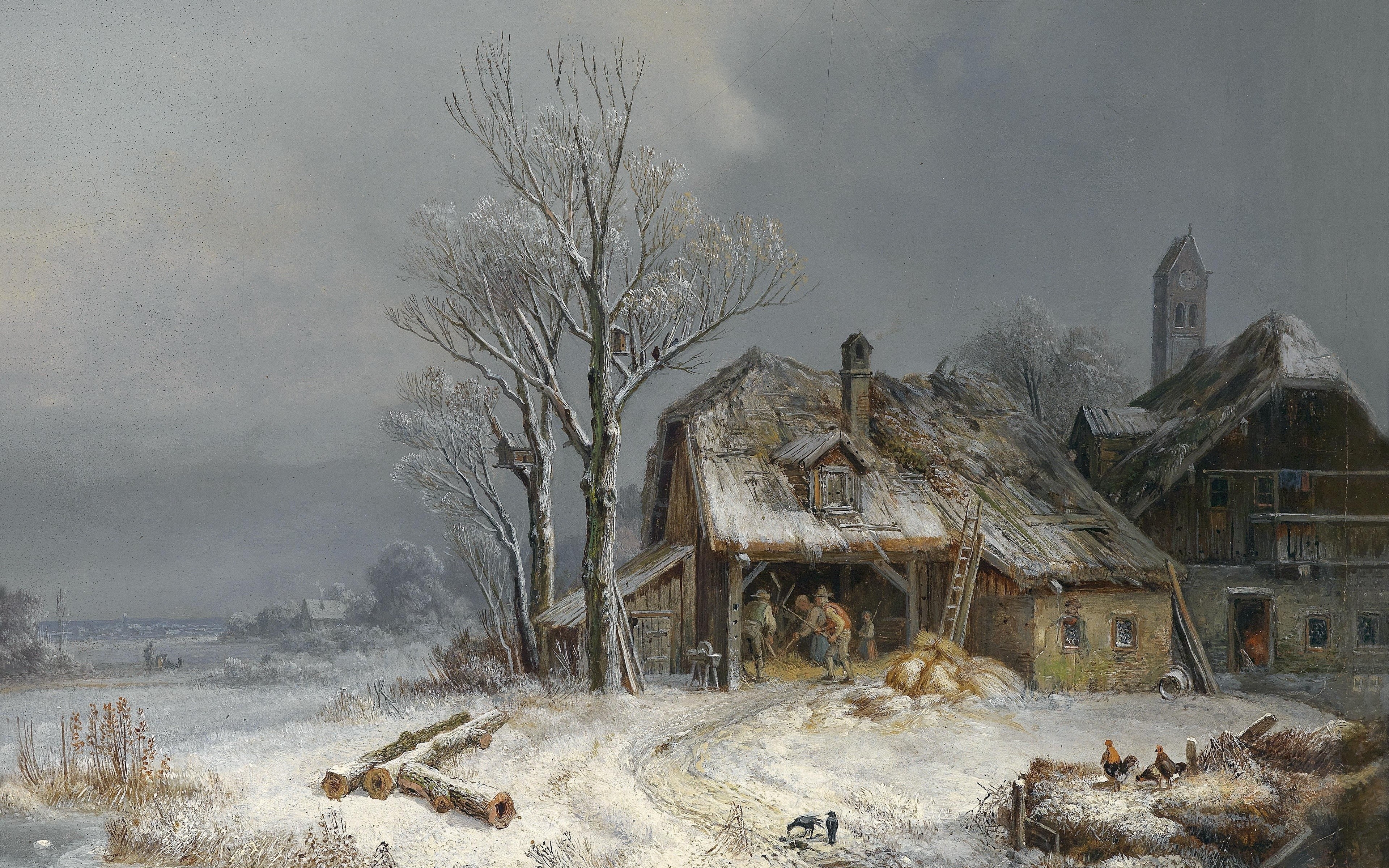 Winter Scene with Barn and Figures by Heinrich Bürkel HD Wallpaper