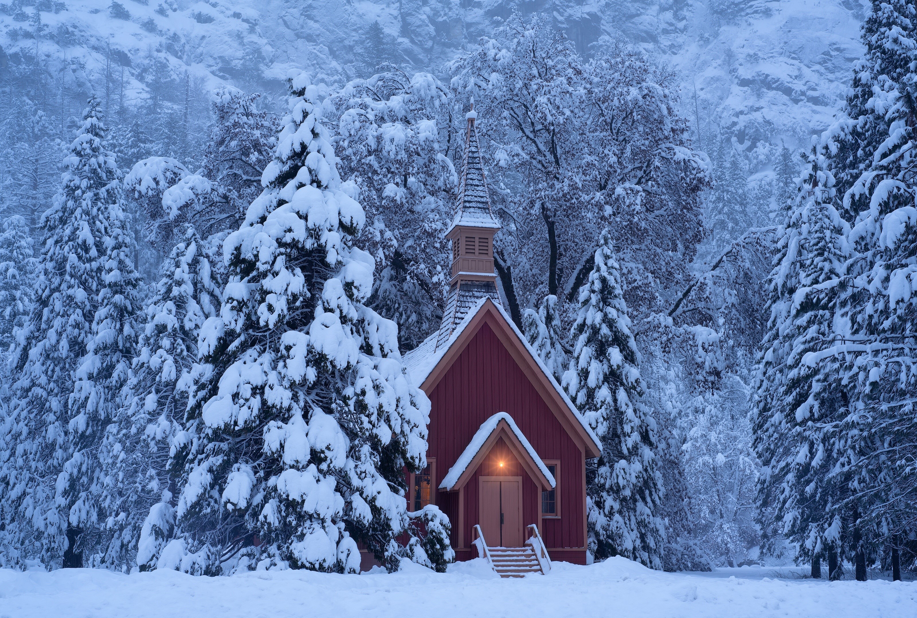 Chapel in Yosemite National Park during winter HD Wallpaper