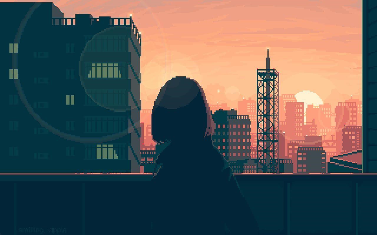 Pixel art of a woman looking at a city skyline at sunset HD Wallpaper