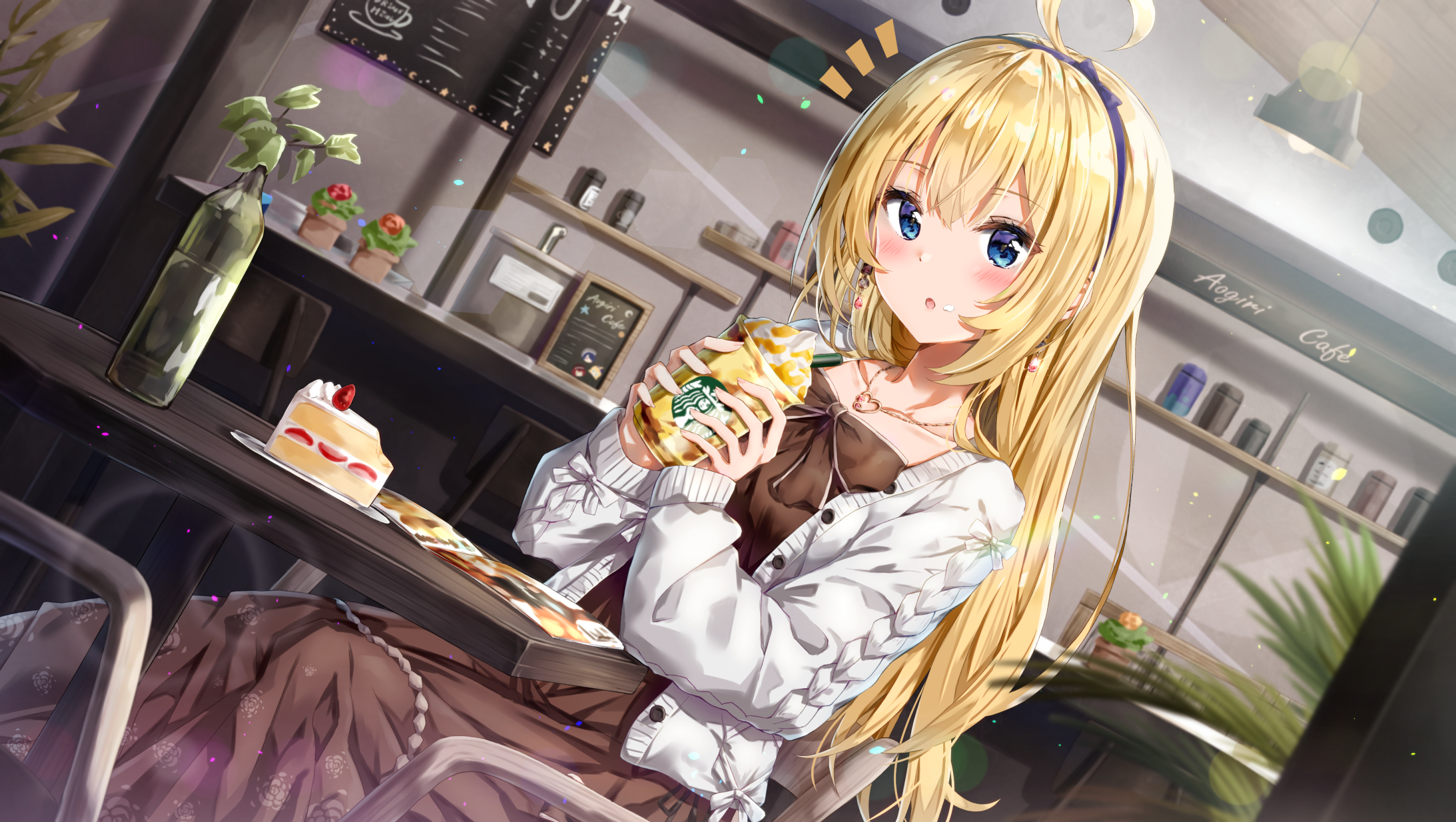 Anime girl drinking a Frappuccino in a cafe HD Wallpaper