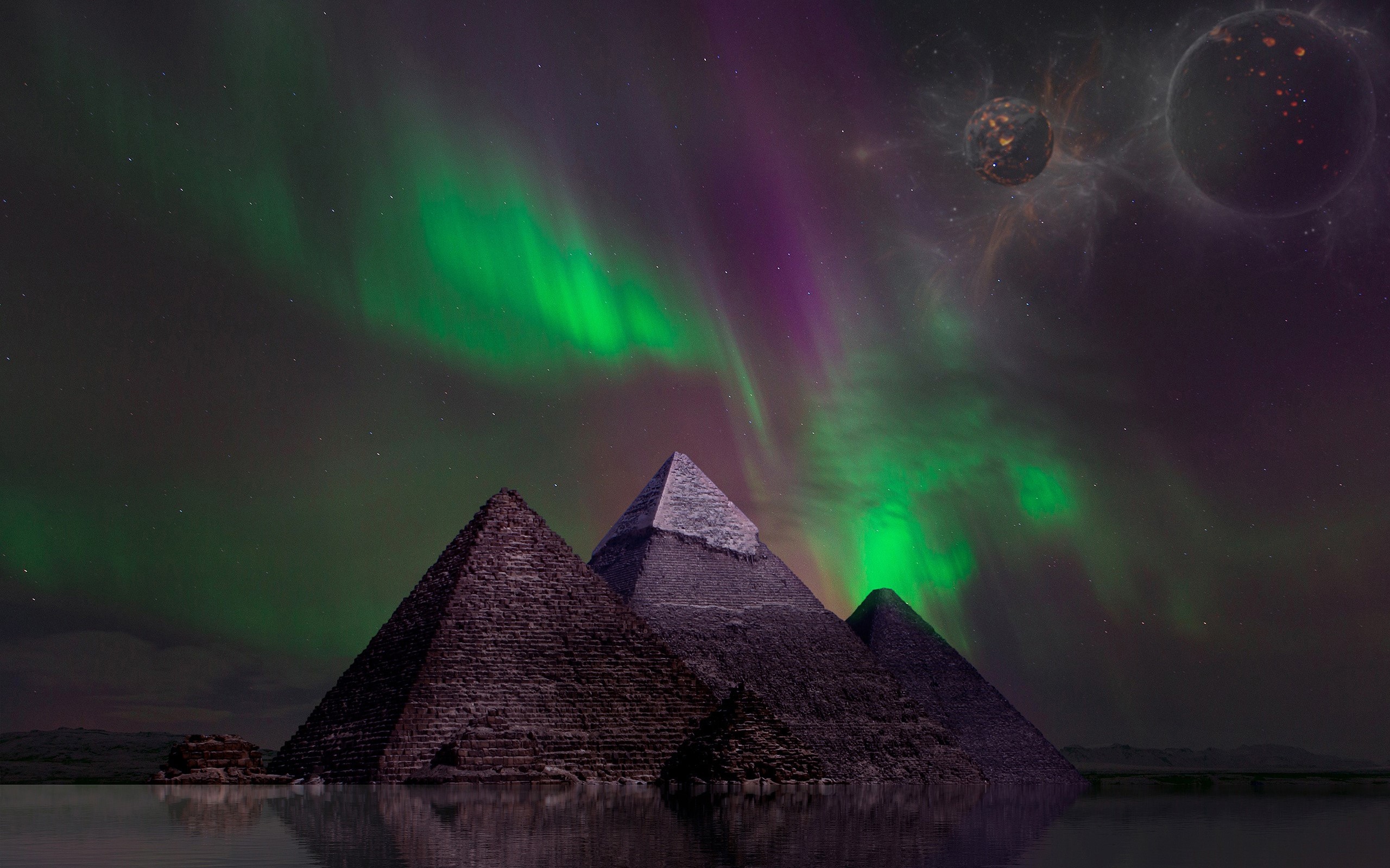 Pyramids under Aurora Borealis with planets HD Wallpaper